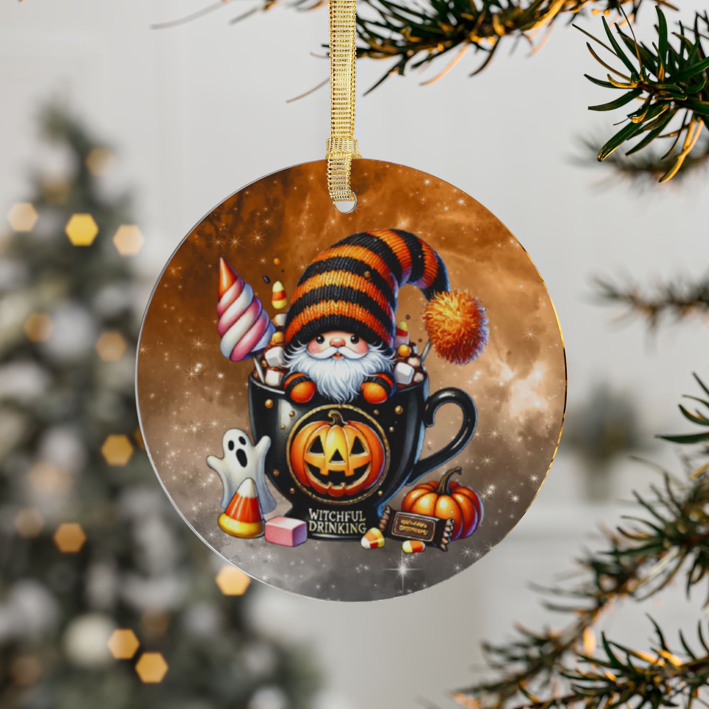 Halloween Acrylic Ornaments - Whimsical Gnome Mug Design - Holiday Ornaments