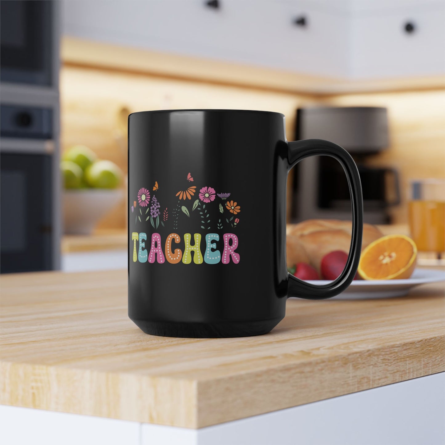 Education Theme Teacher with Floral Black Mug (11oz, 15oz) Great Gift for Teachers to Enjoy Their Coffee, Tea or Hot Chocolate, Gift Idea for Educators