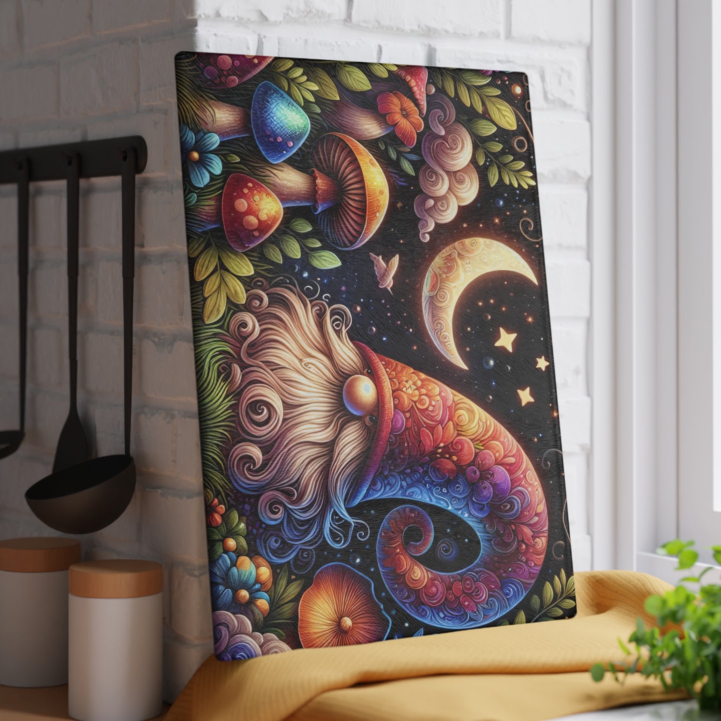 Whimsical Gnome Glass Cutting Board - Colorful Kitchen Decor
