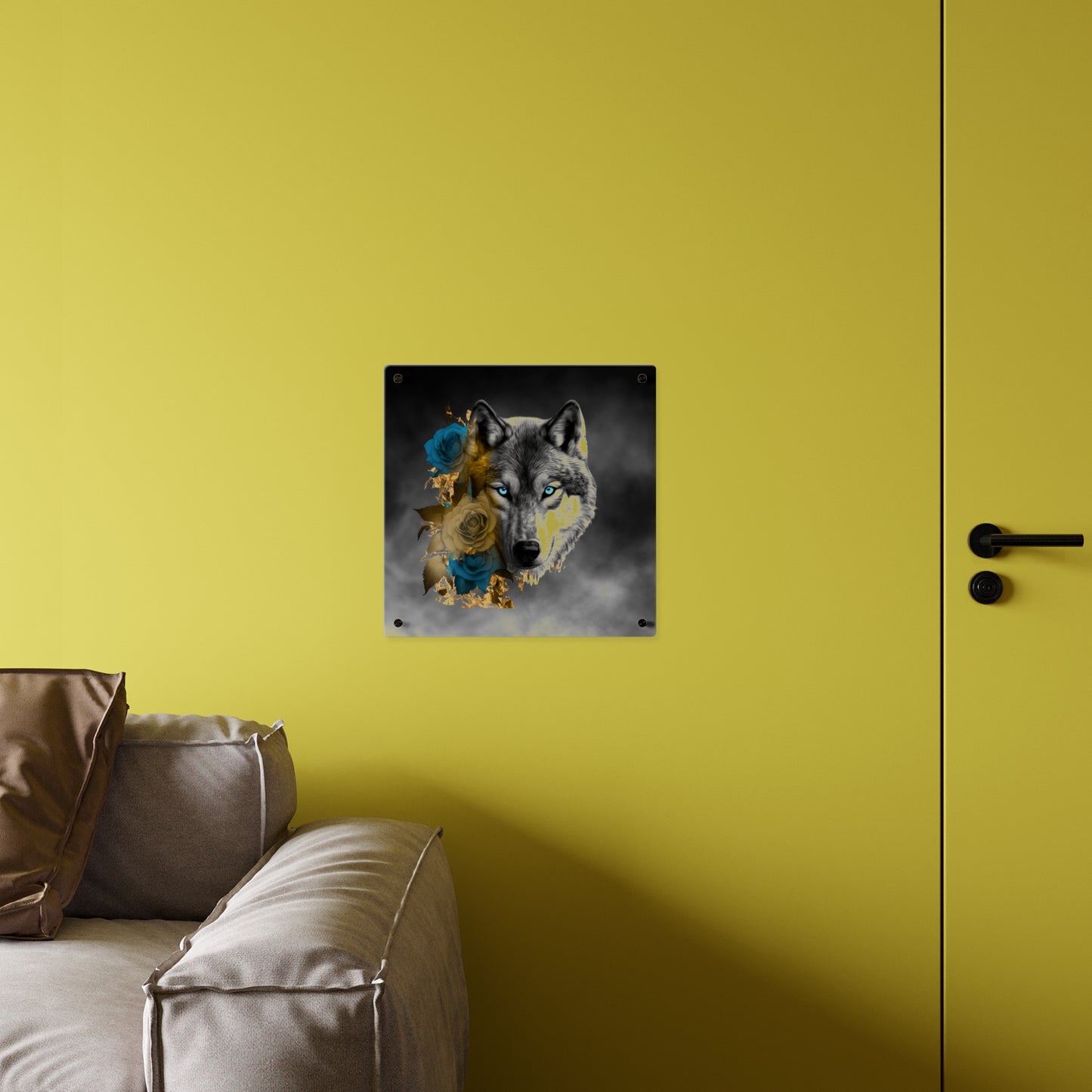 Lively Wolf Acrylic Wall Art Panel - Blue Roses Decor