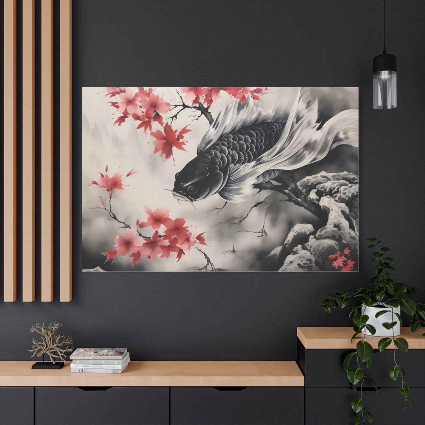 Koi Fish Artwork Canvas Wall Art Print - Elegant Decorative Wall Art with Cherry Blossoms