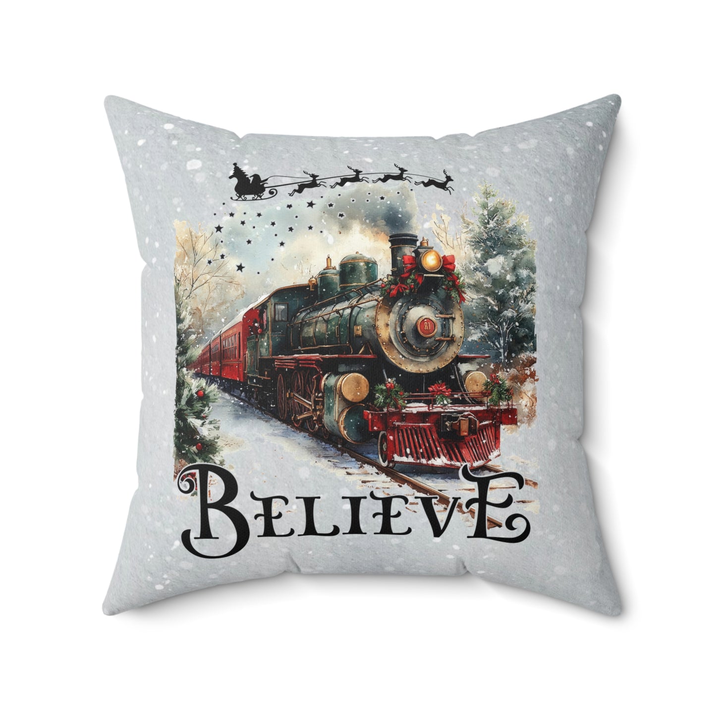 Christmas Train Decor Pillow - 'Believe' Spun Polyester Square Cushion Holiday Decor