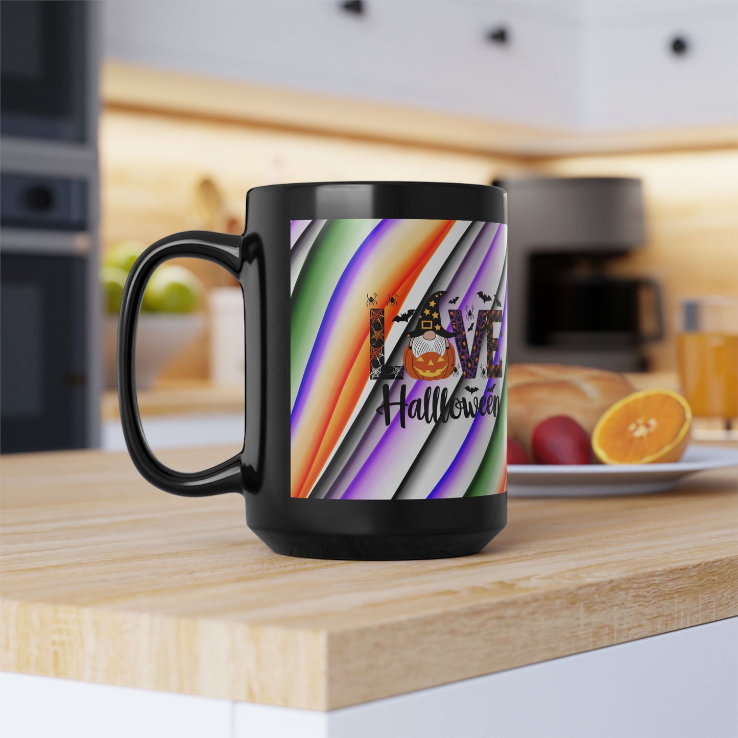Halloween Theme with Gnome Black Mug (11oz, 15oz) Halloween Lovers, Coffee, Tea, Hot Chocolate lovers, Great Gift Idea for Any Occasion for Anyone