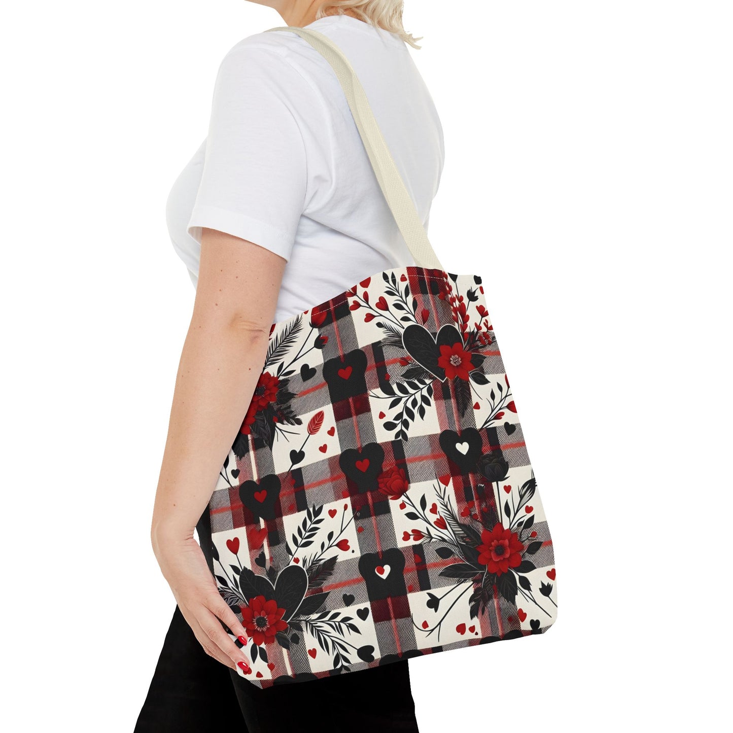 Fashionable Valentine Tote Bag (AOP) with Flowers and Hearts Plaid Design Pattern