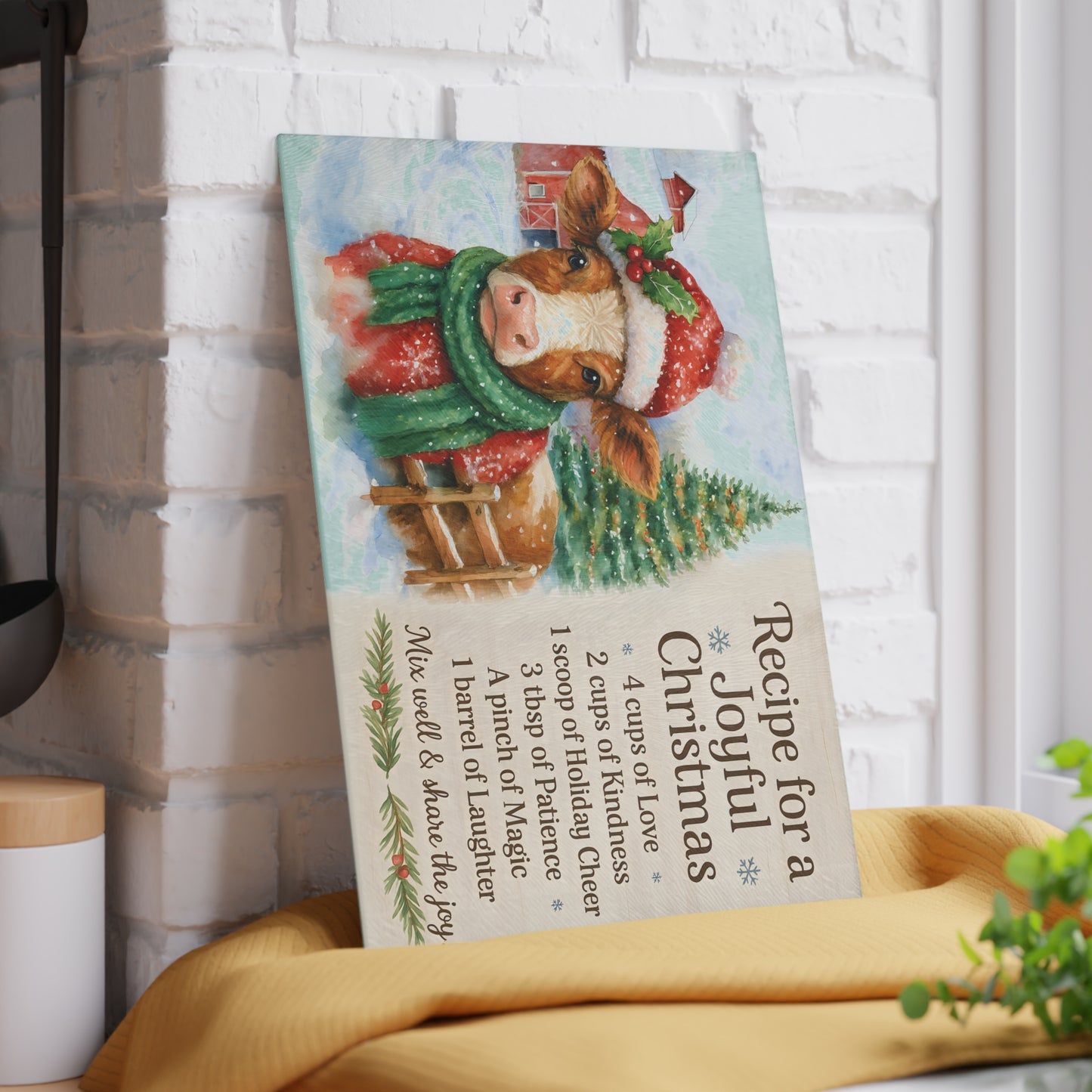 Holiday Recipe Glass Cutting Board - Joyful Christmas Design