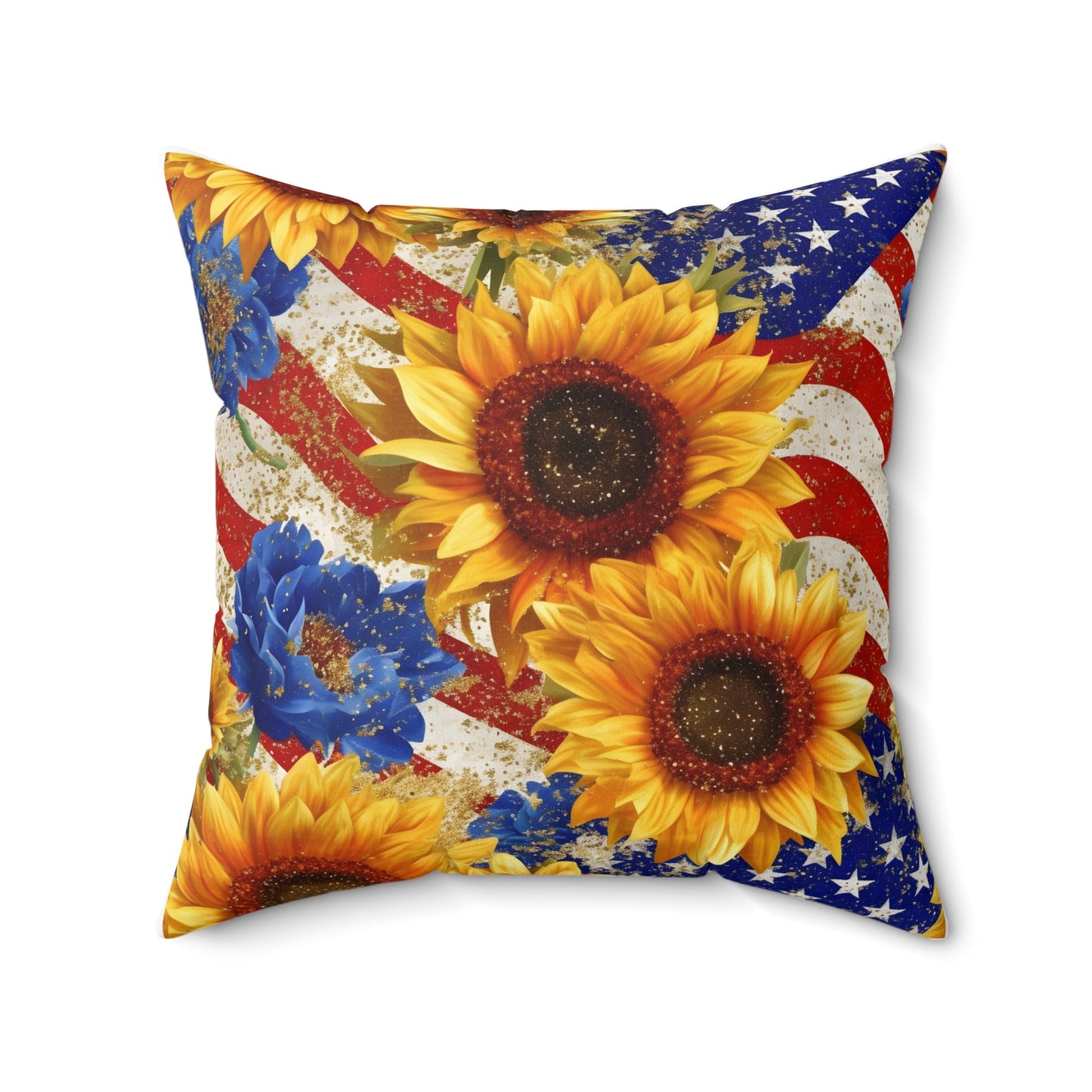 Patriotic with Sunflowers Spun Polyester Square Pillow, Home or Office Decor, Accent for Any Room, Festive for the Holiday or Everyday