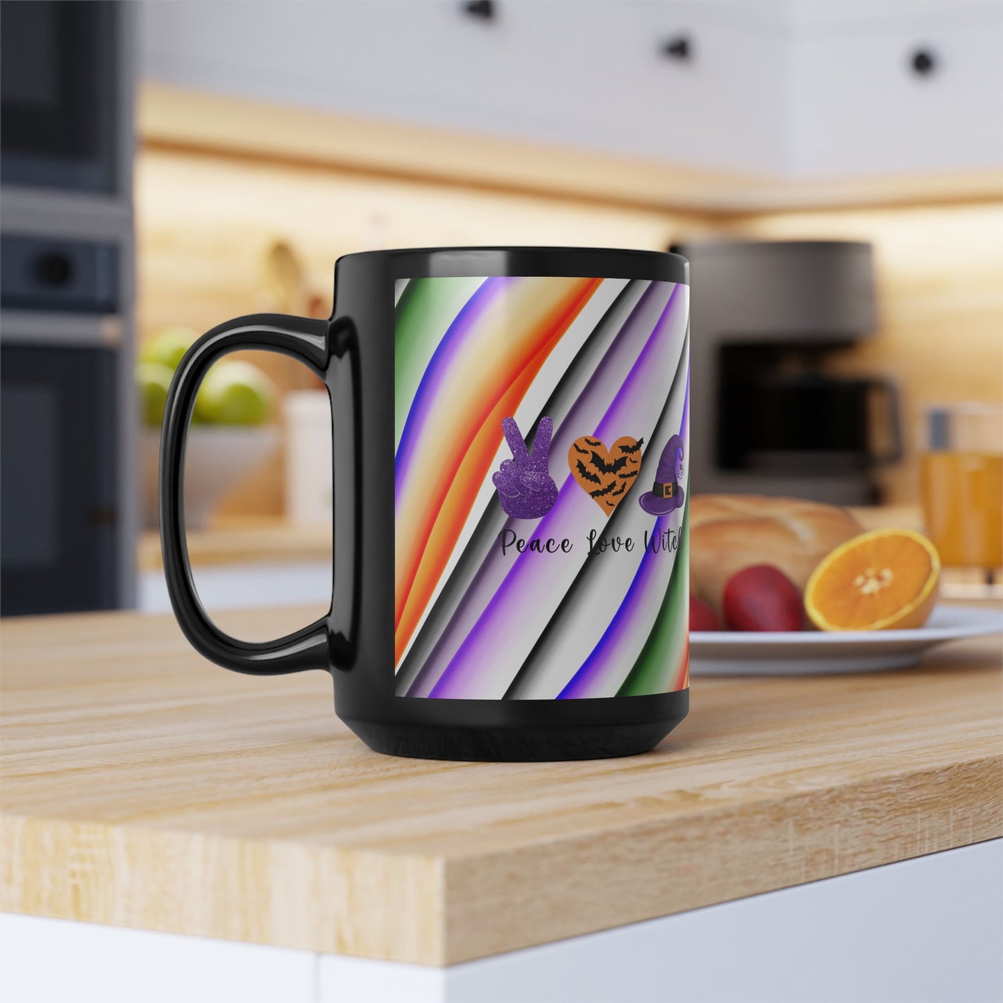 Halloween Theme Black Mug (11oz, 15oz), Peace Loving Halloween Lovers, Coffee, Tea, Hot Chocolate Lovers, Gift Idea for Any Occasion for Anyone