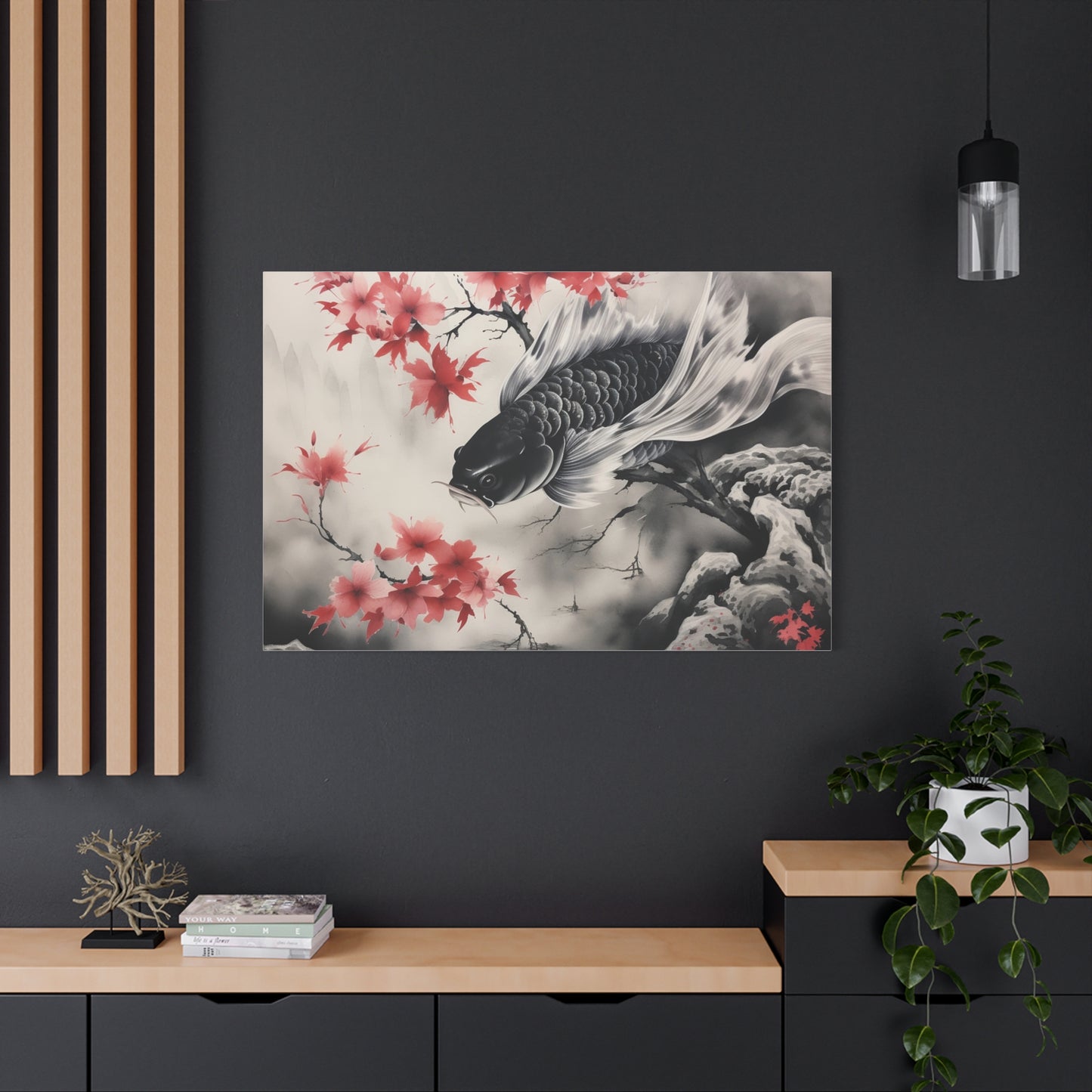 Koi Fish Artwork Canvas Wall Art Print - Elegant Decorative Wall Art with Cherry Blossoms
