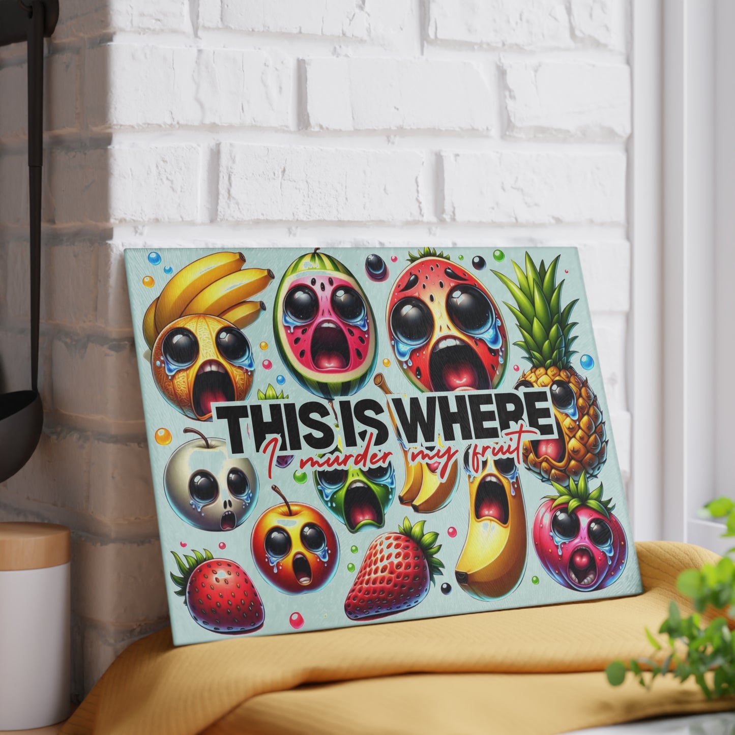 Whimsical Glass Cutting Board - 'This Is Where I Murder My Fruit' Design