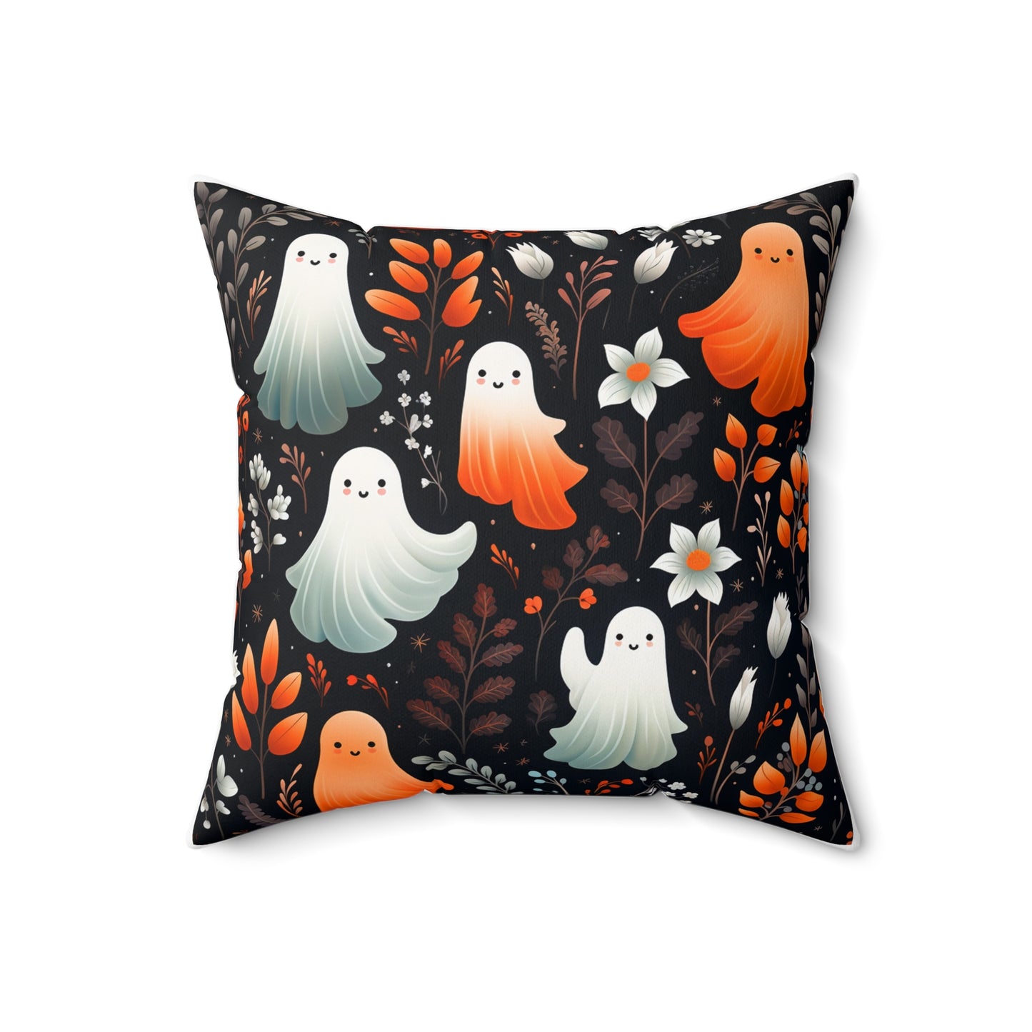 Friendly Ghosts And Floral Spun Polyester Square Pillow, Accent for Any Room, Beautiful Fun Festive Halloween Decor, Great Housewarming Gift Idea