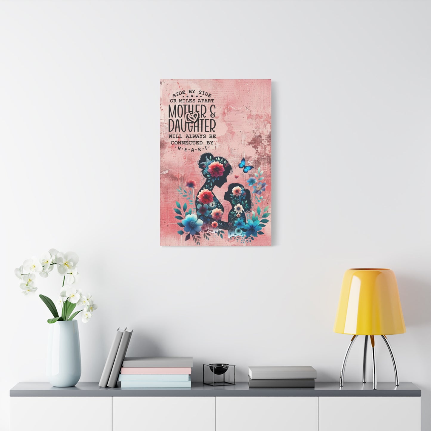 Mother-Daughter Love With Floral And Butterfly Canvas Wall Art Print