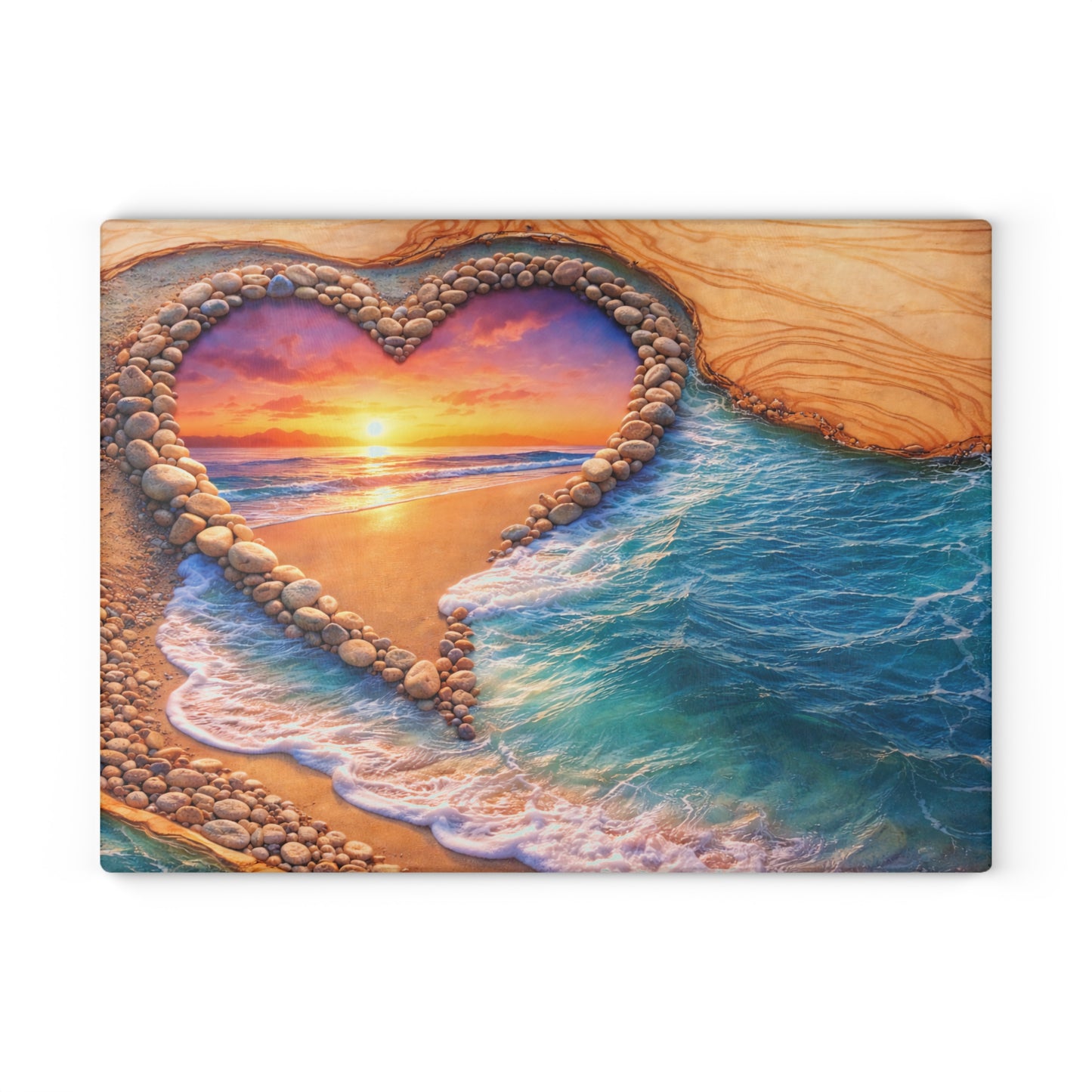 Glass Cutting Board - Heart Beach Sunset Seaside Design