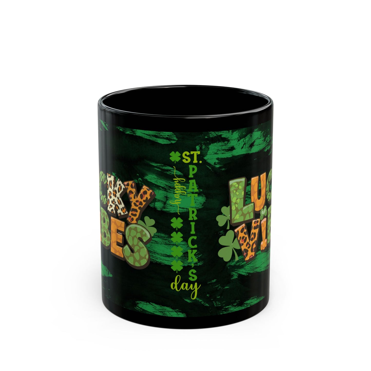 Lucky Vibes Black Mug — St. Patrick’s Day Leopard Print Shamrock Coffee Cup (11oz/15oz)