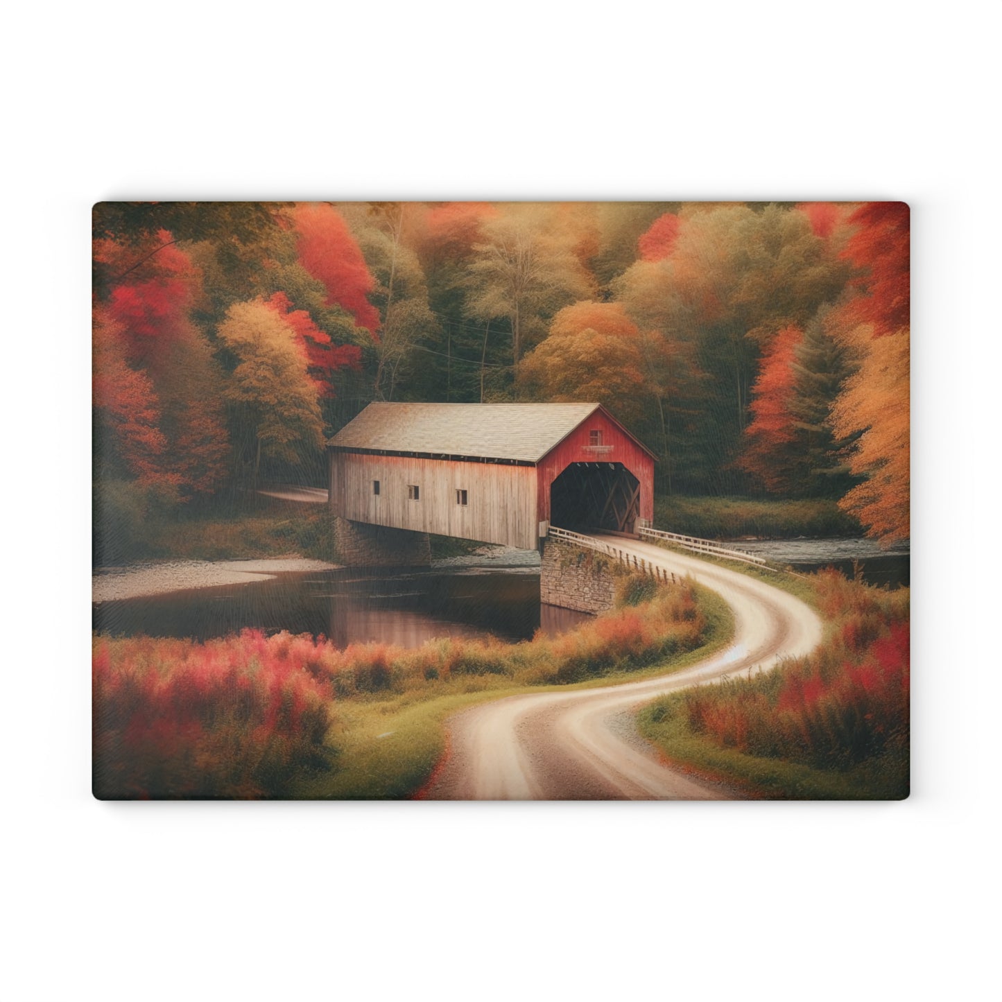 Autumn Inspired Glass Cutting Board with Rustic Covered Bridge Design