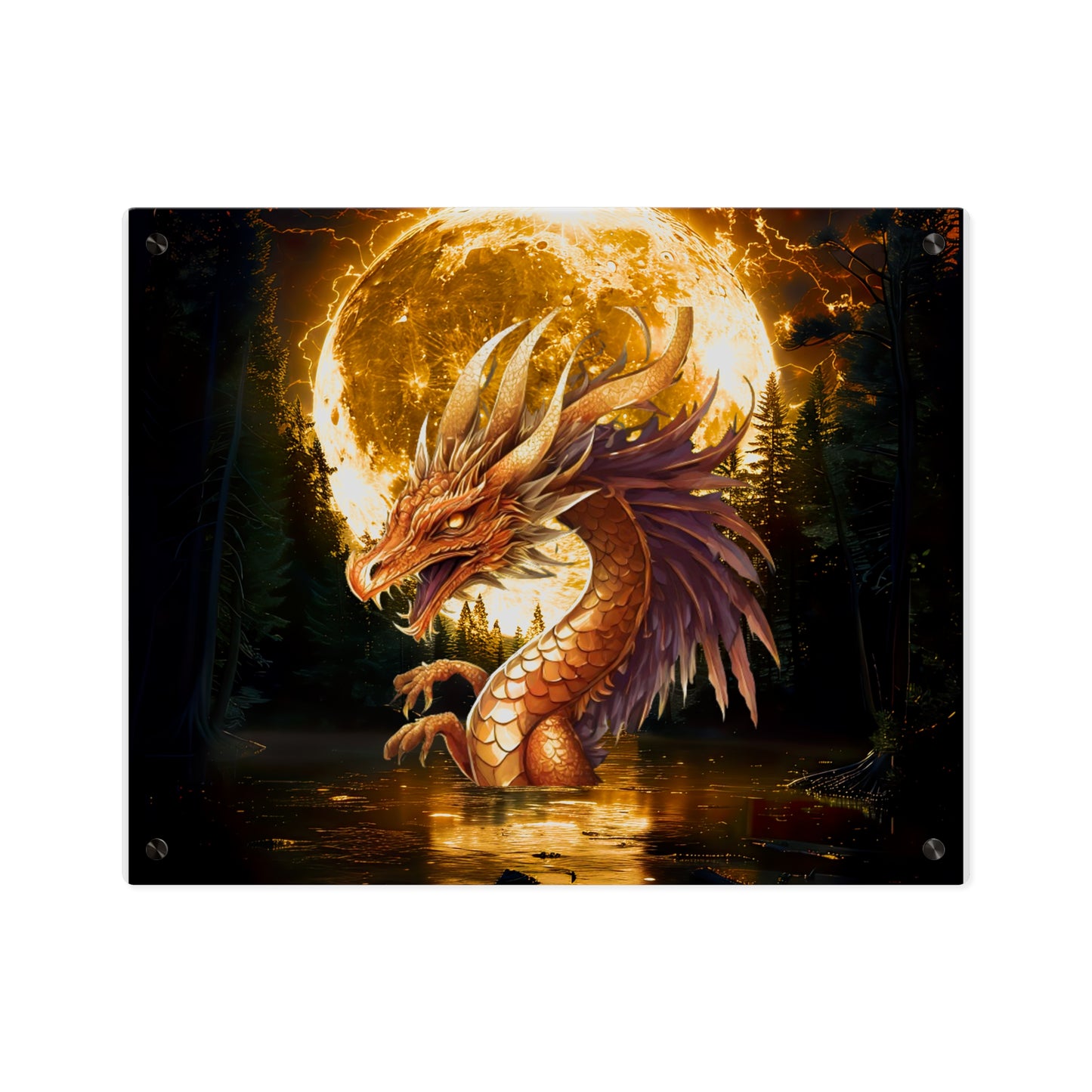 Gothic Theme Acrylic Wall Art Panel, Purple Dragon with Moon Background, Dragon Lovers, For Anyone, Accent for Any Room