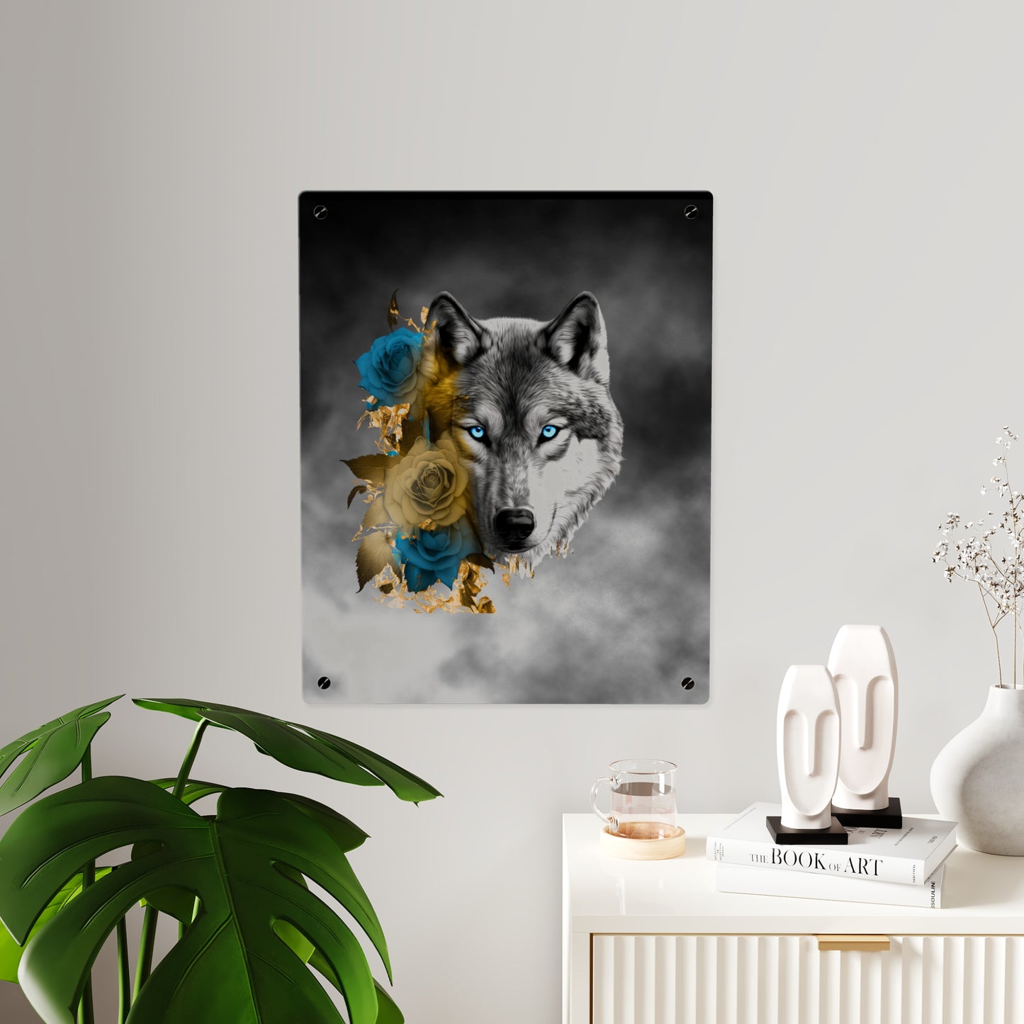 Lively Wolf Acrylic Wall Art Panel - Blue Roses Decor