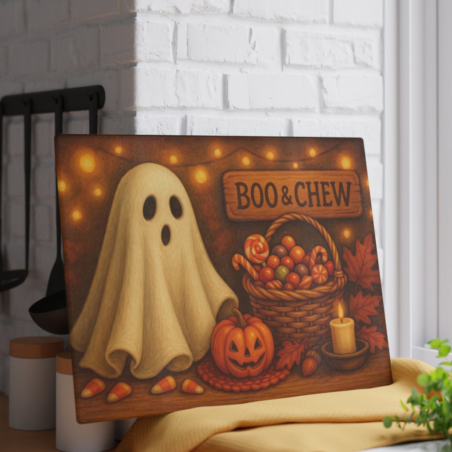 Halloween Themed Glass Cutting Board with 'Boo & Chew' Design