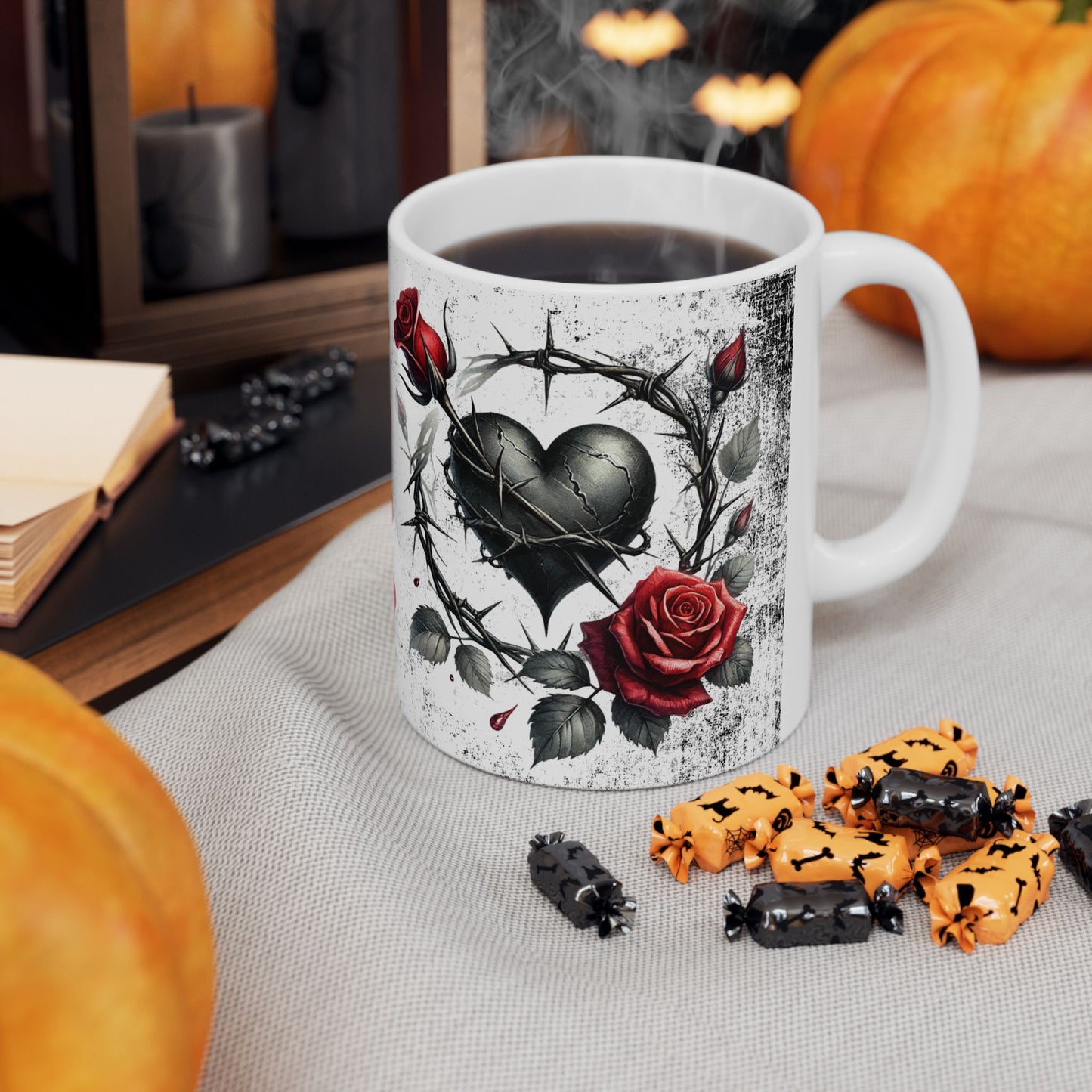 Valentine Ceramic Mug - "Will You Be My Valentine" Gothic Red Rose & Thorn Design with 'Valentine' Hearts (11oz/15oz)
