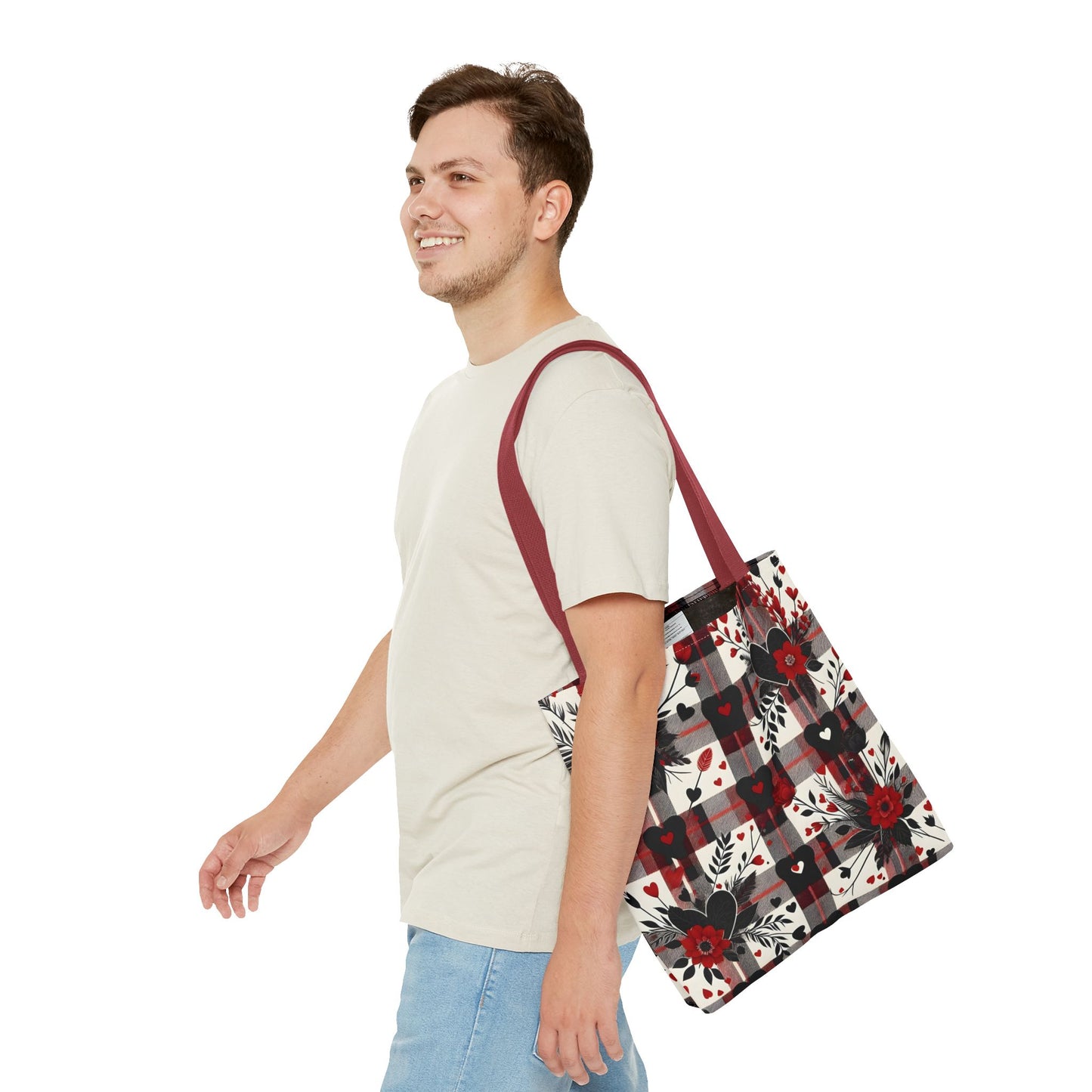 Fashionable Valentine Tote Bag (AOP) with Flowers and Hearts Plaid Design Pattern