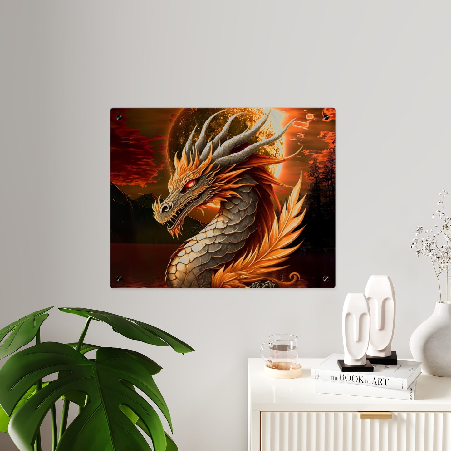 Gothic Theme Acrylic Wall Art Panels, Beautiful Dragon with Moon Background Decor, Accent for Any Room, Dragon Lovers, for Anyone