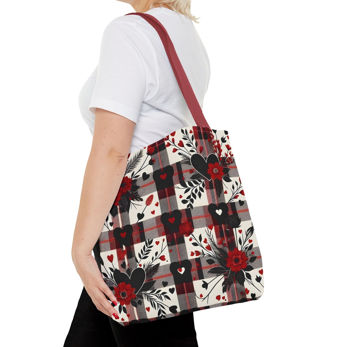 Fashionable Valentine Tote Bag (AOP) with Flowers and Hearts Plaid Design Pattern