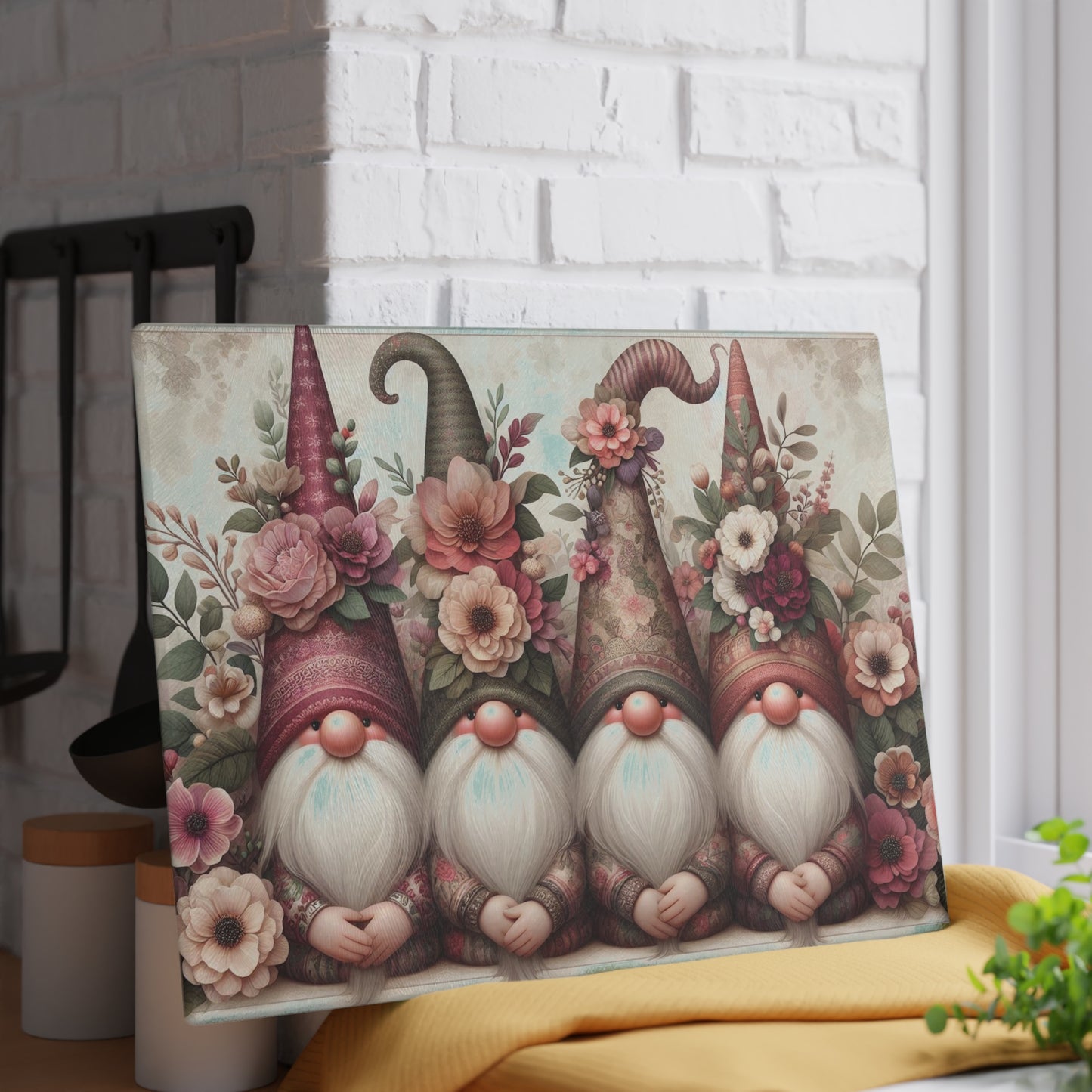 Floral Gnome Glass Cutting Board