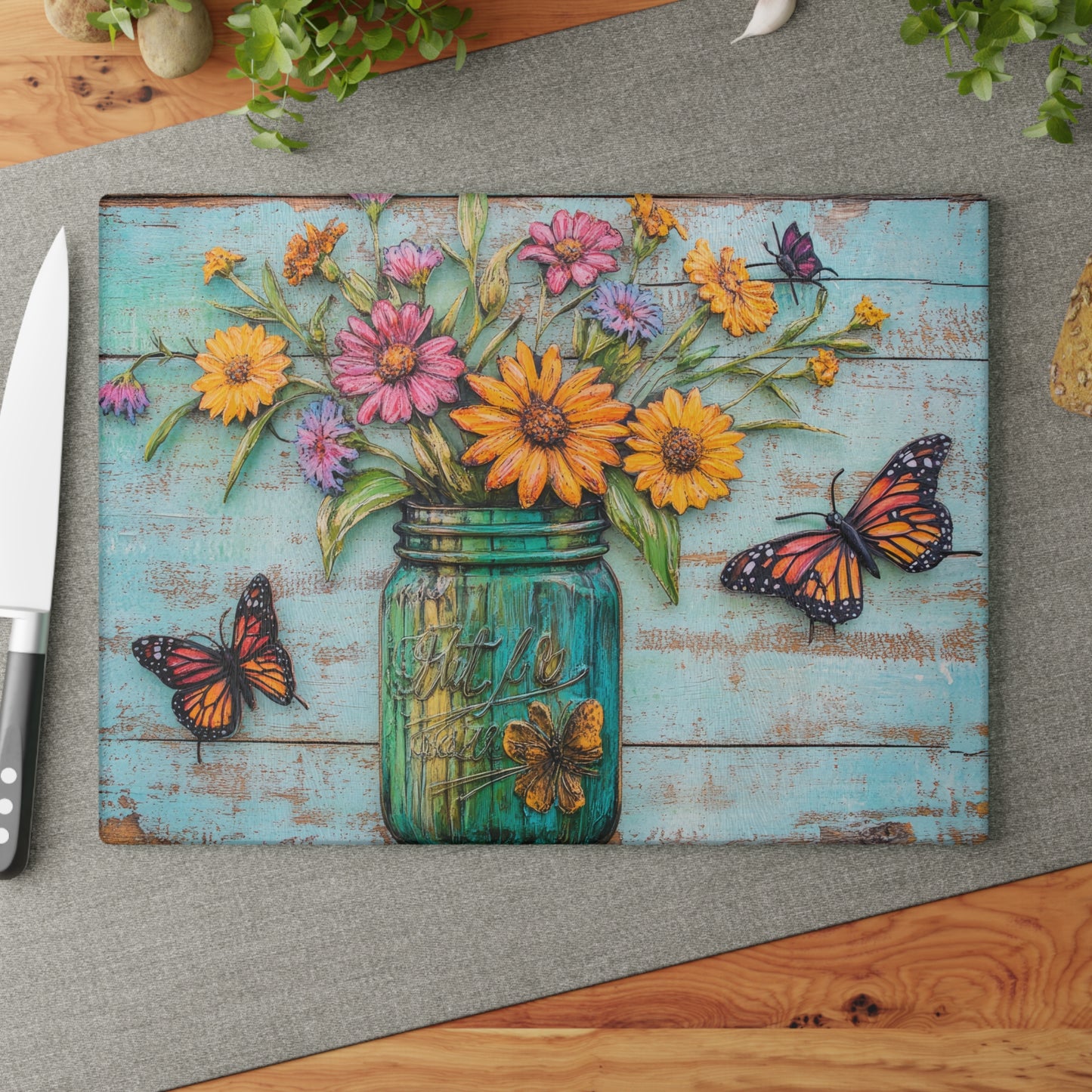Mason Jar Floral with Butterflies Glass Cutting Board