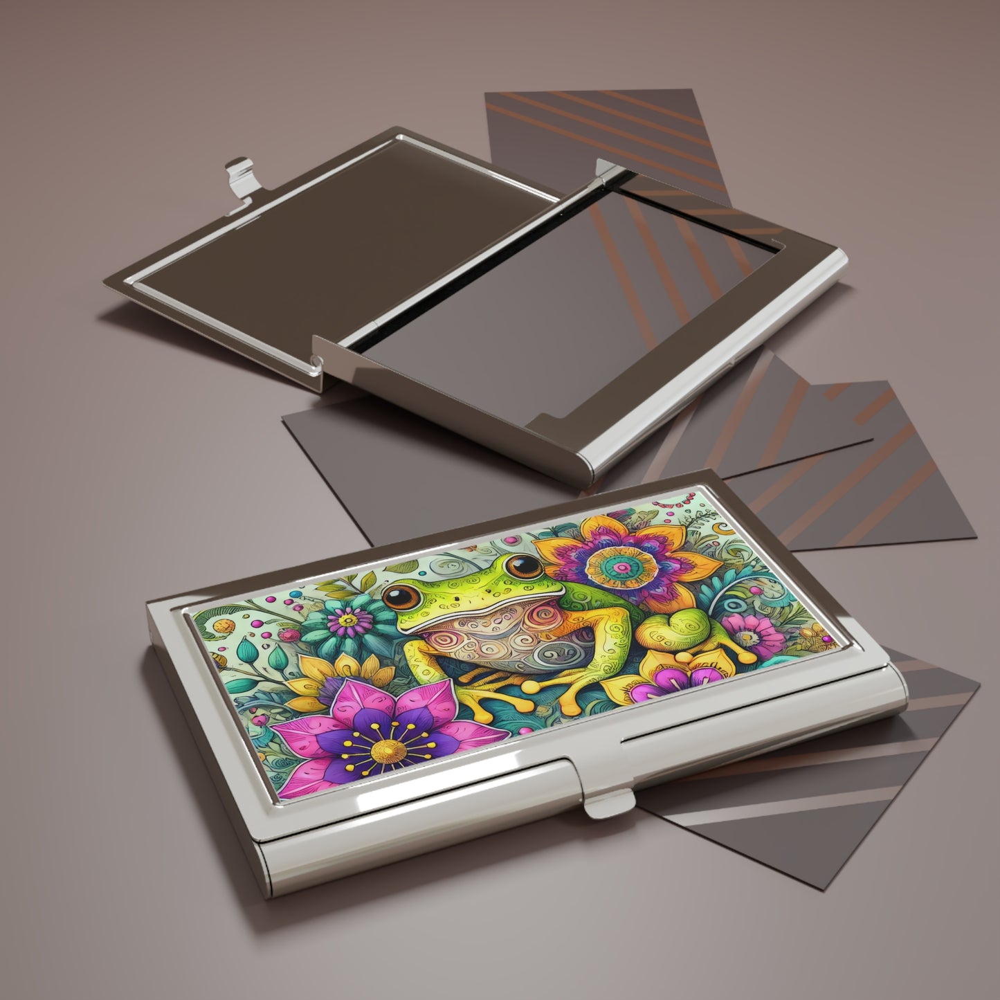Frog & Floral Business Card Holder — Colorful Whimsical Desk Accessory
