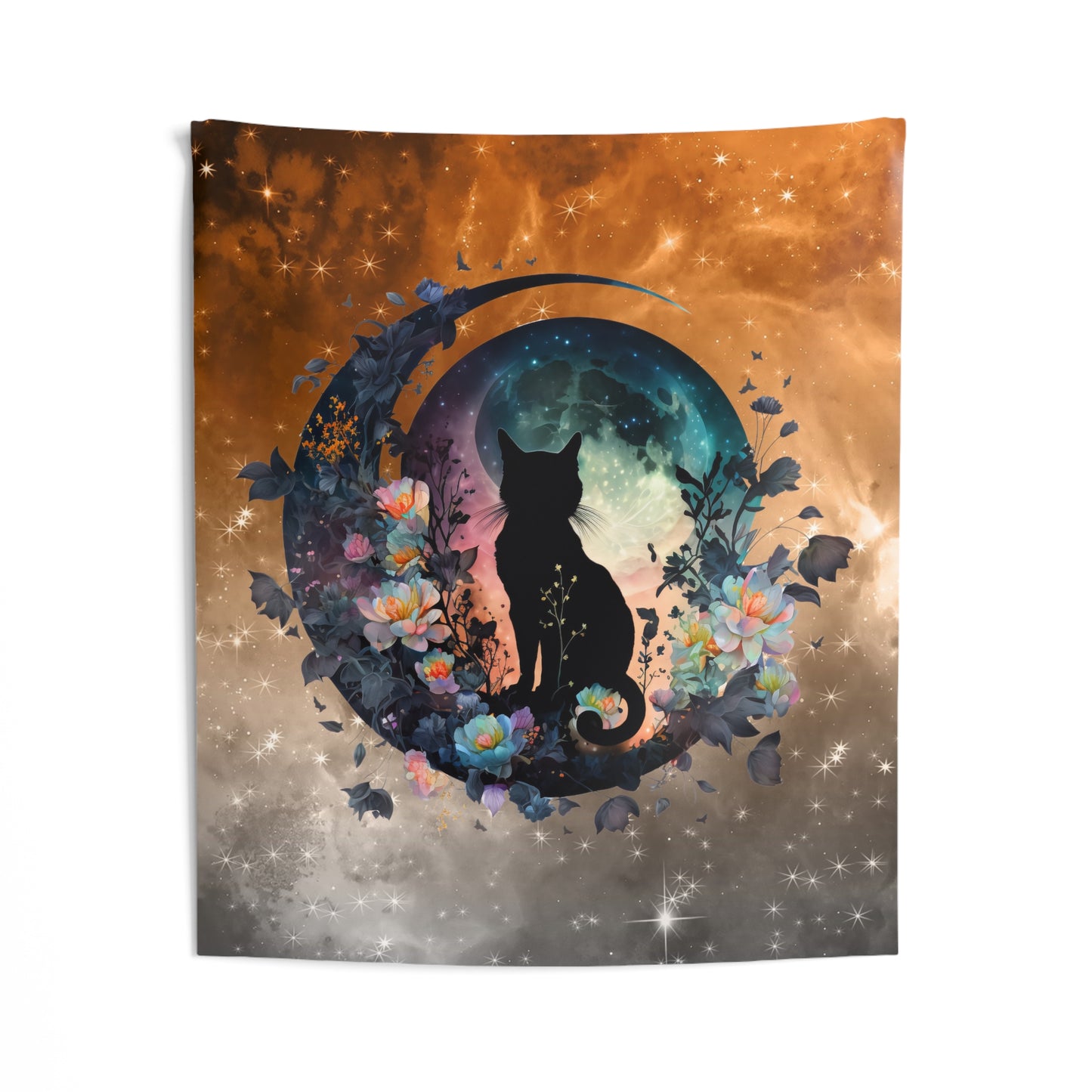 Mystical Cat Indoor Wall Tapestry, Bohemian Home Decor, Cat Lovers Gift, Space Art, Floral Wall Hanging