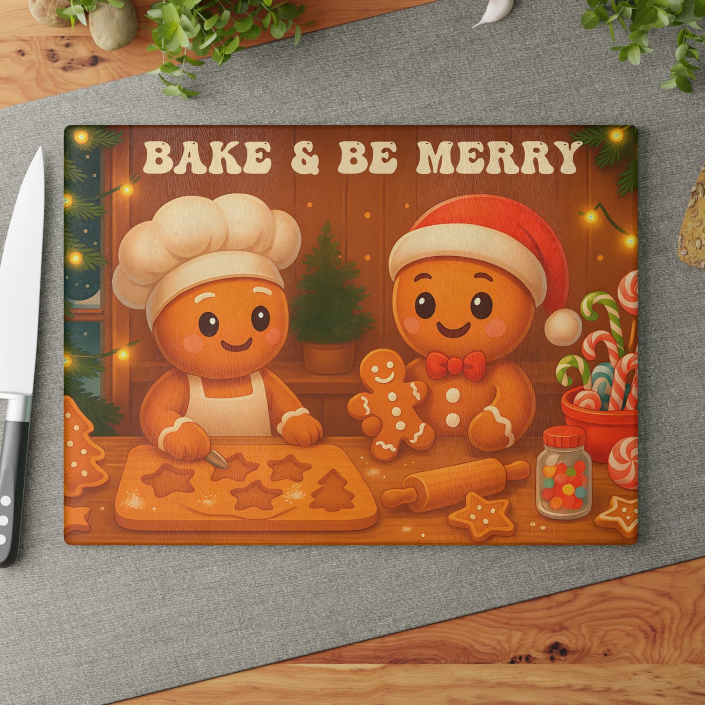 Festive Gingerbread Glass Cutting Board - "Bake & Be Merry"