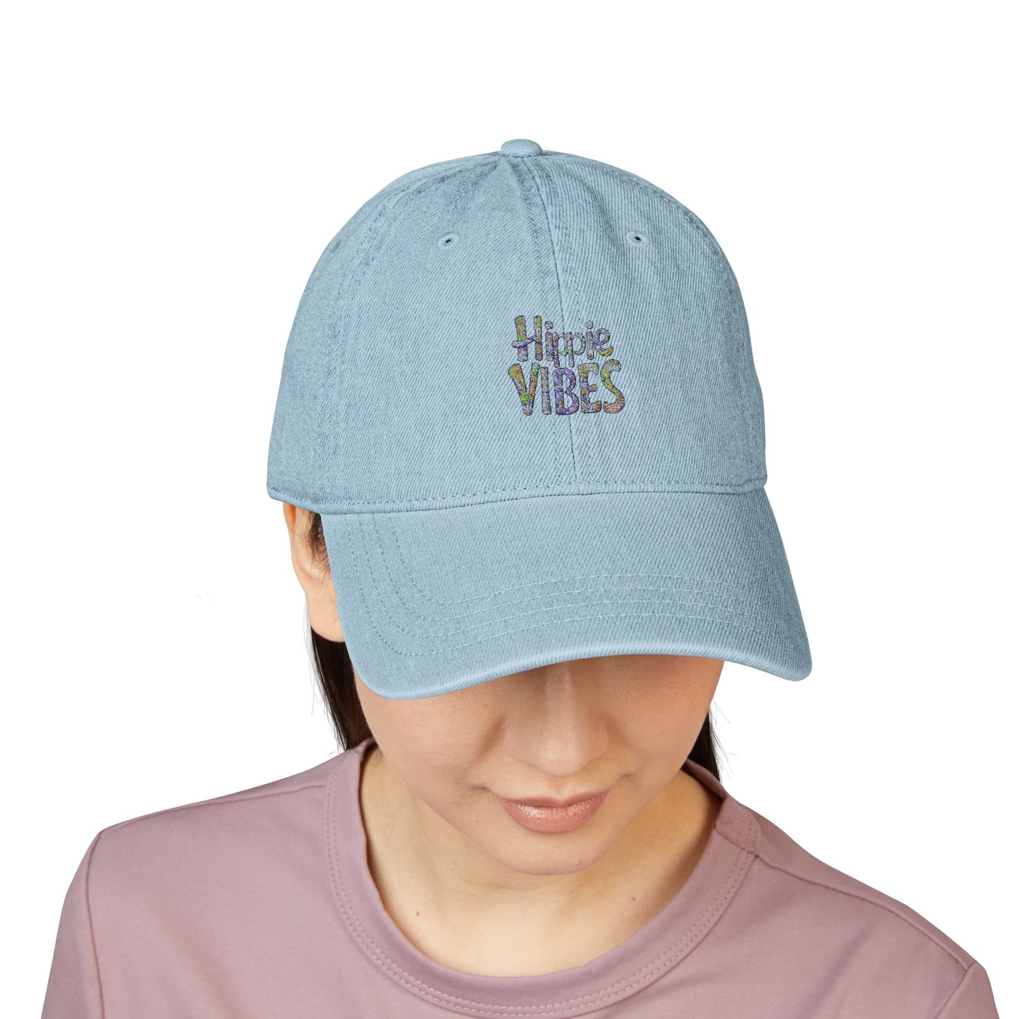 Hippie Vibes Denim Hat - Embroidered Adjustable Cap for Bohemian Style Lovers