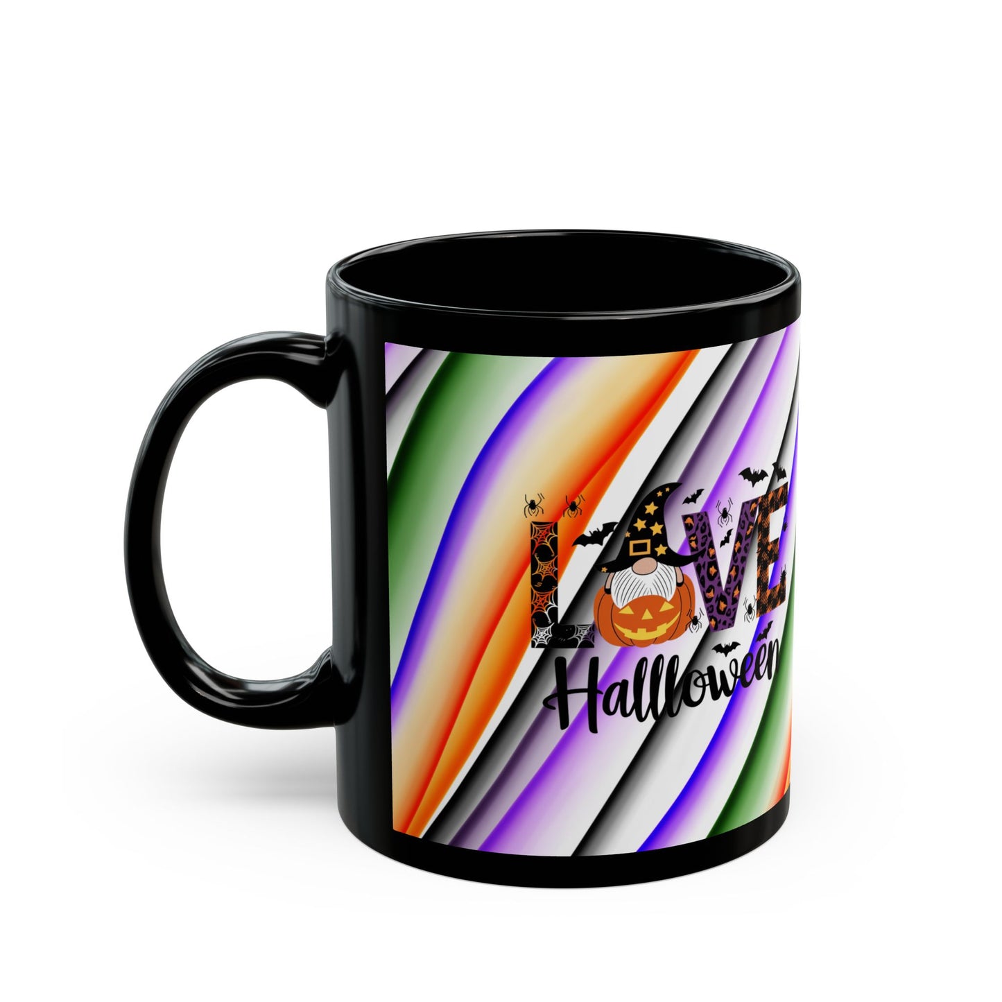 Halloween Theme with Gnome Black Mug (11oz, 15oz) Halloween Lovers, Coffee, Tea, Hot Chocolate lovers, Great Gift Idea for Any Occasion for Anyone