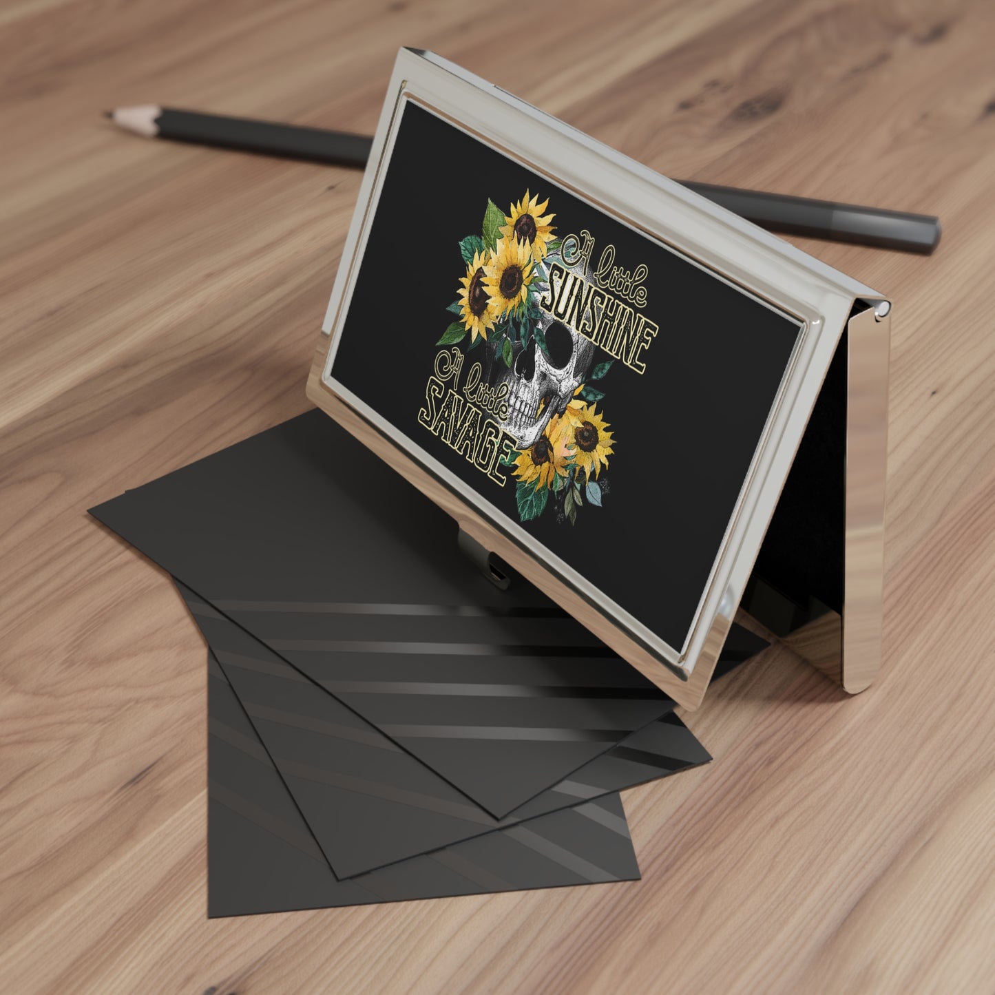 Business Card Holder — "A Little Sunshine, A Little Savage" Floral Skull Metal Case