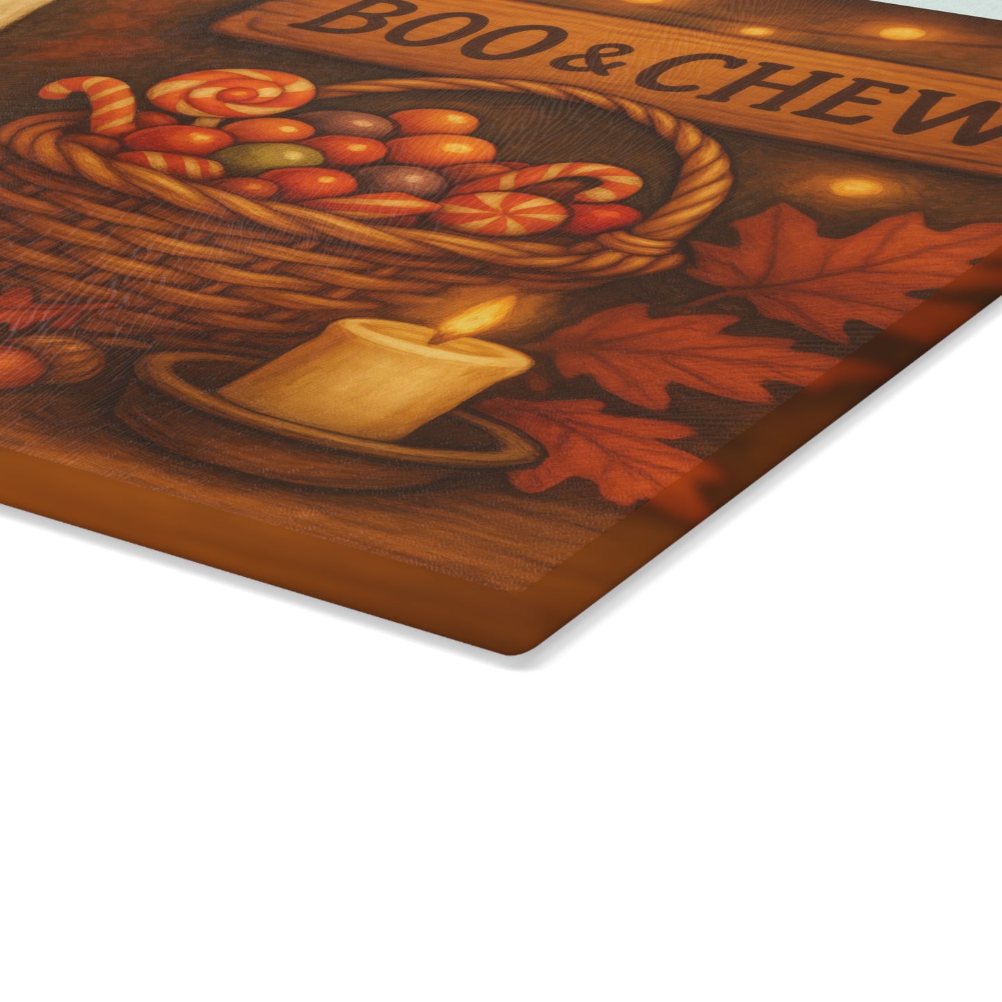 Halloween Themed Glass Cutting Board with 'Boo & Chew' Design