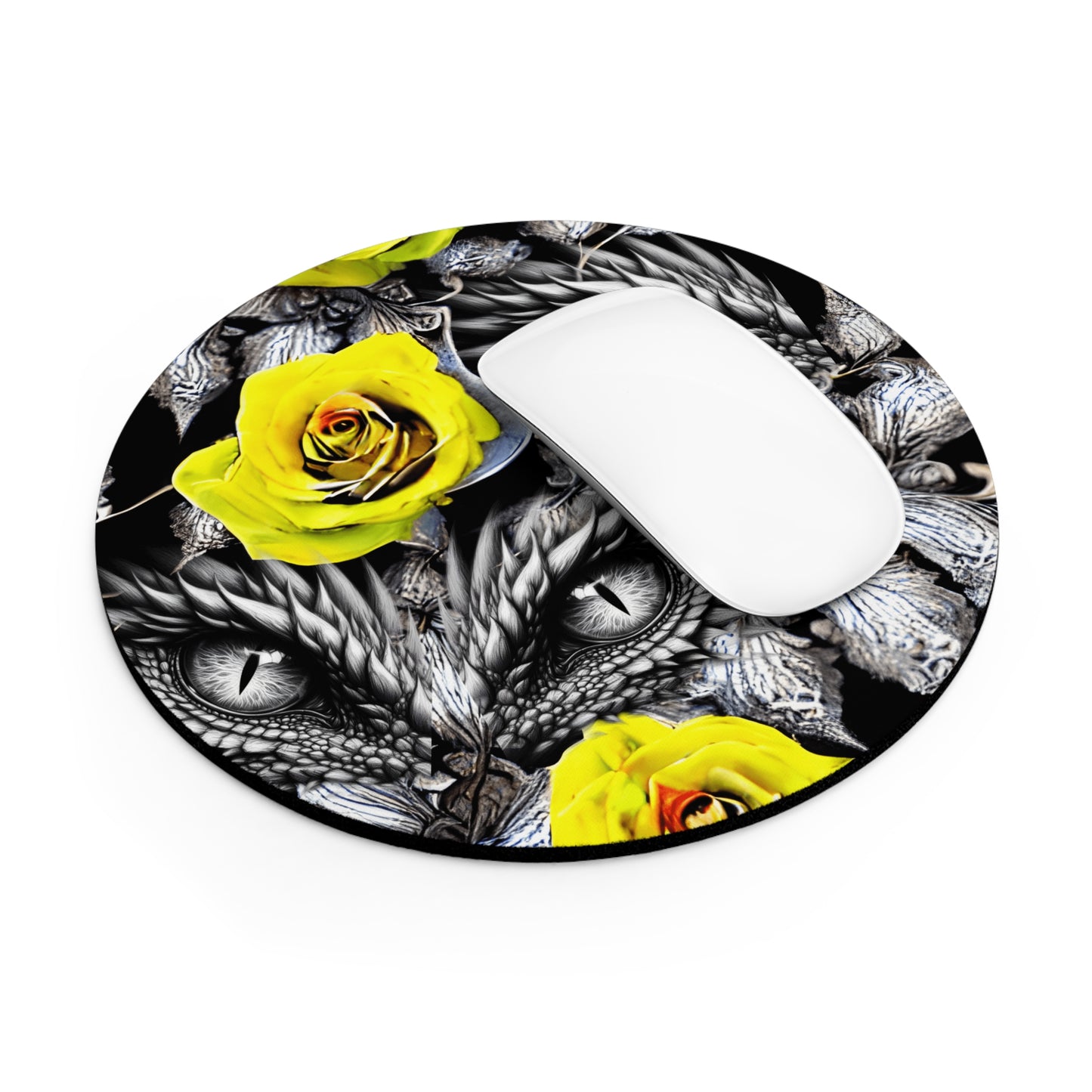 Detailed Dragon Eyes and Yellow Rose Desk Mouse Pad, Laptop Accessory, Gaming Gear, Office Decor, Gift for Him/Her