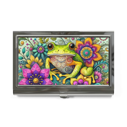 Frog & Floral Business Card Holder — Colorful Whimsical Desk Accessory
