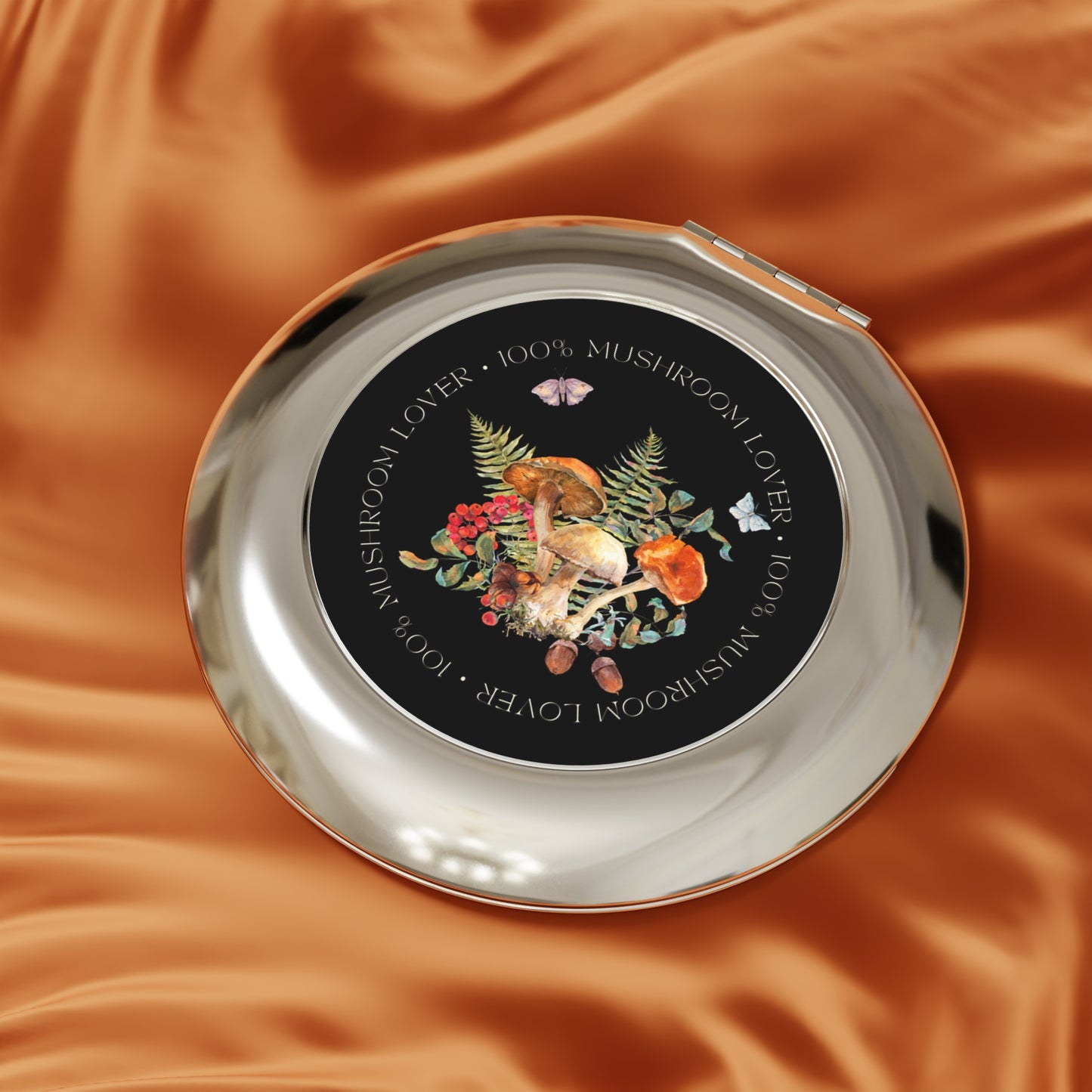 Compact Travel Mirror — '100% Mushroom Lover' Botanical Mushroom Pocket Mirror