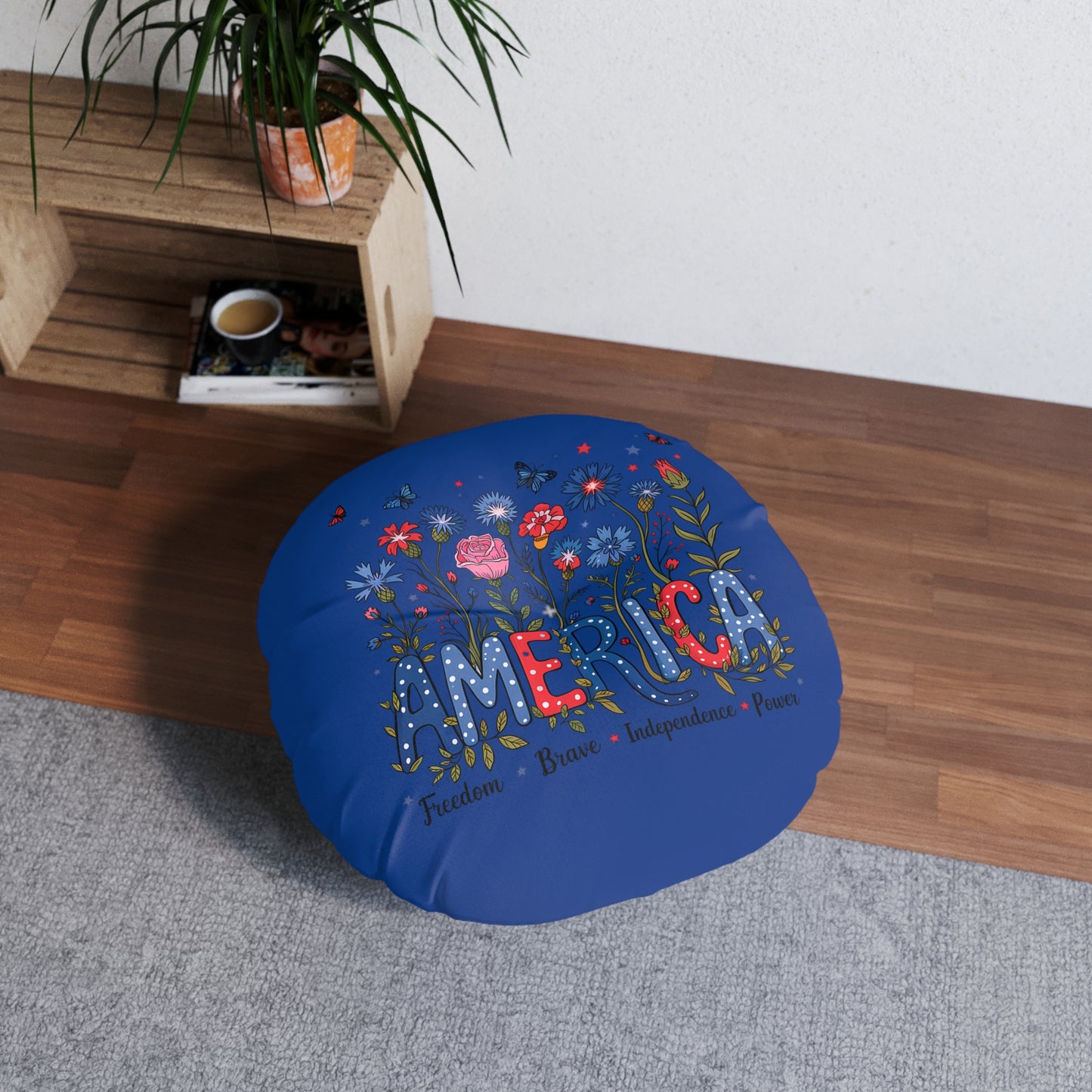 Patriotic Tufted Floor Pillow, Round, Cozy Home Décor, Indoor Cushion, Fireworks Design, Perfect for Holidays and Celebrations