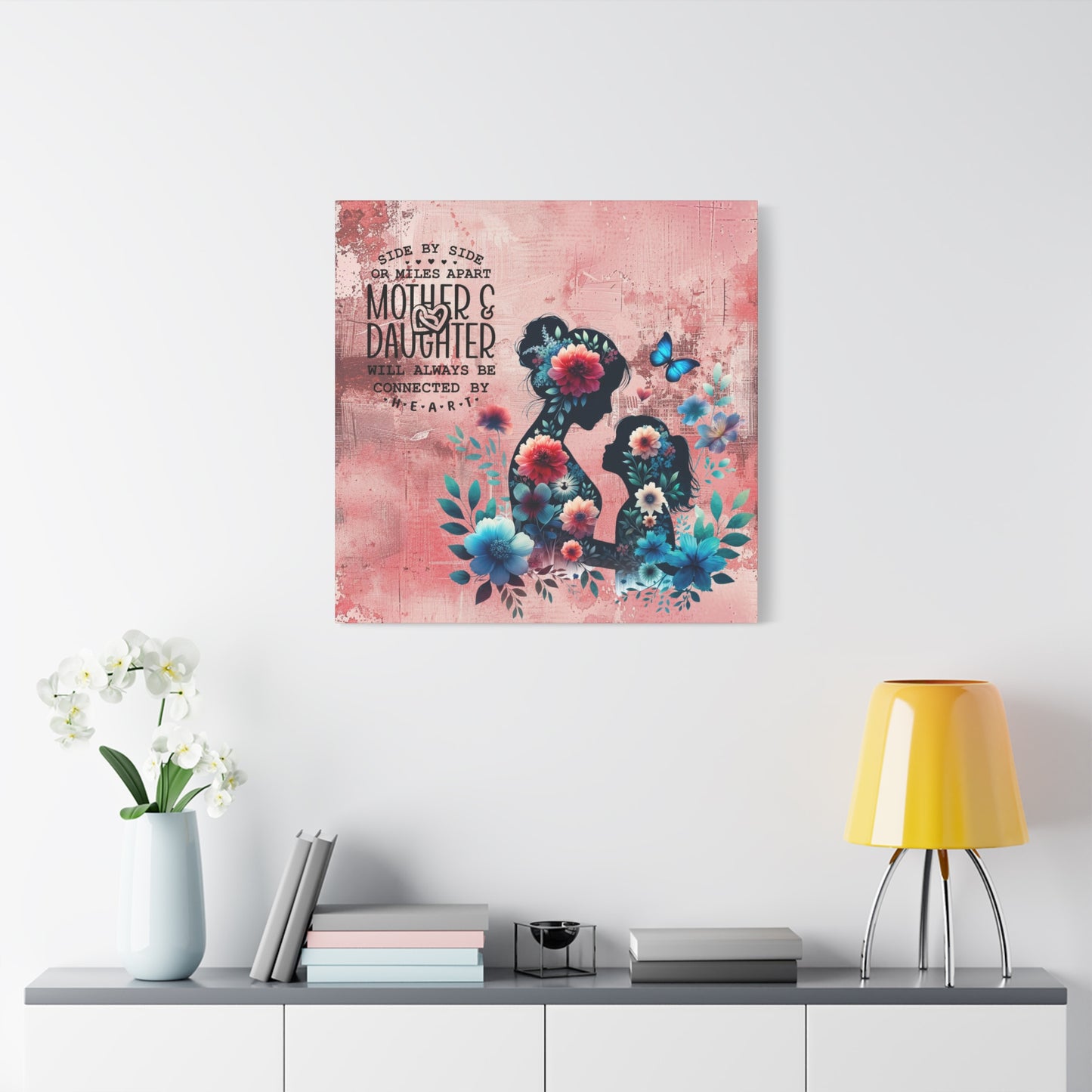 Mother-Daughter Love With Floral And Butterfly Canvas Wall Art Print