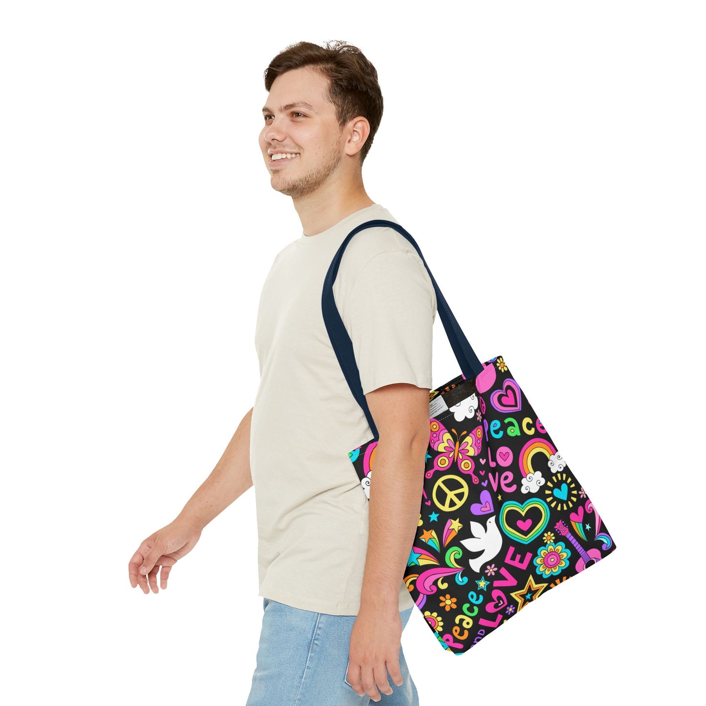 Fashionable Tote Bag (AOP), Stylish, Peace Lovers, Hippie Theme, Great Gift Idea for Birthdays, Holidays or Any Occasion for Anyone