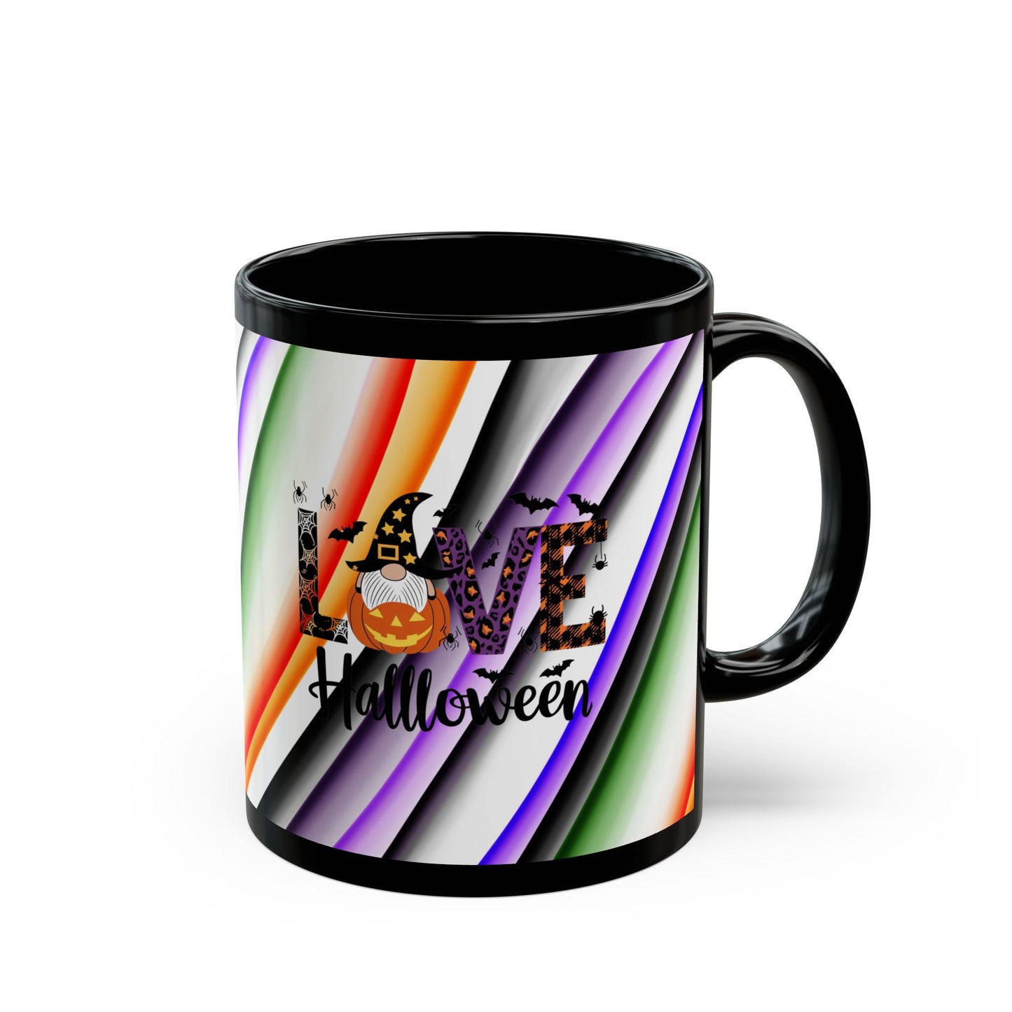 Halloween Theme with Gnome Black Mug (11oz, 15oz) Halloween Lovers, Coffee, Tea, Hot Chocolate lovers, Great Gift Idea for Any Occasion for Anyone