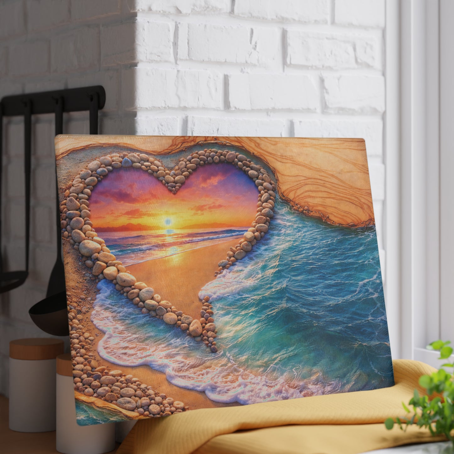 Glass Cutting Board - Heart Beach Sunset Seaside Design