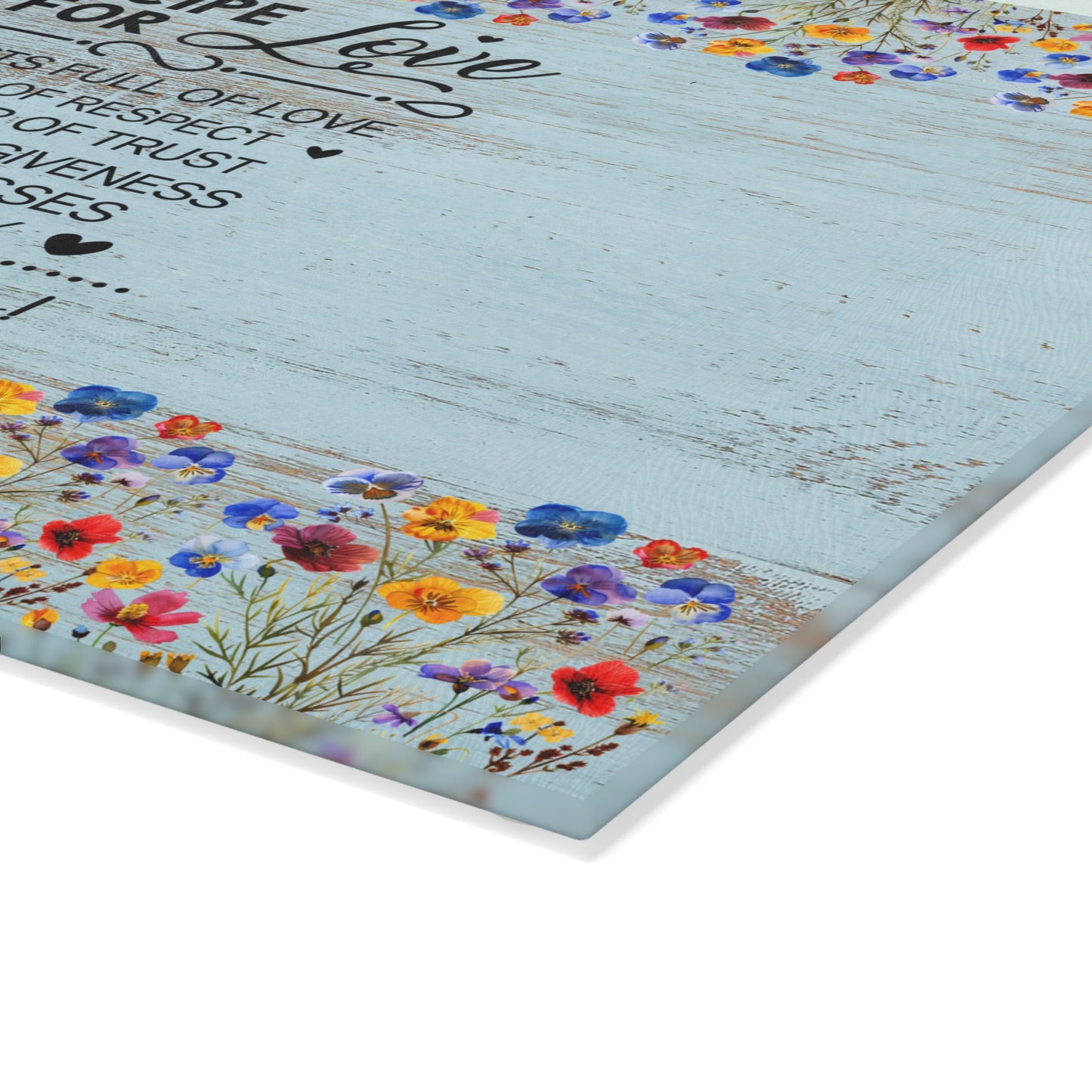Glass Cutting Board - "Recipe for Love" Floral Kitchen Decor, Decorative Tempered Glass Chopping Board, Wedding & Mother’s Day Gift