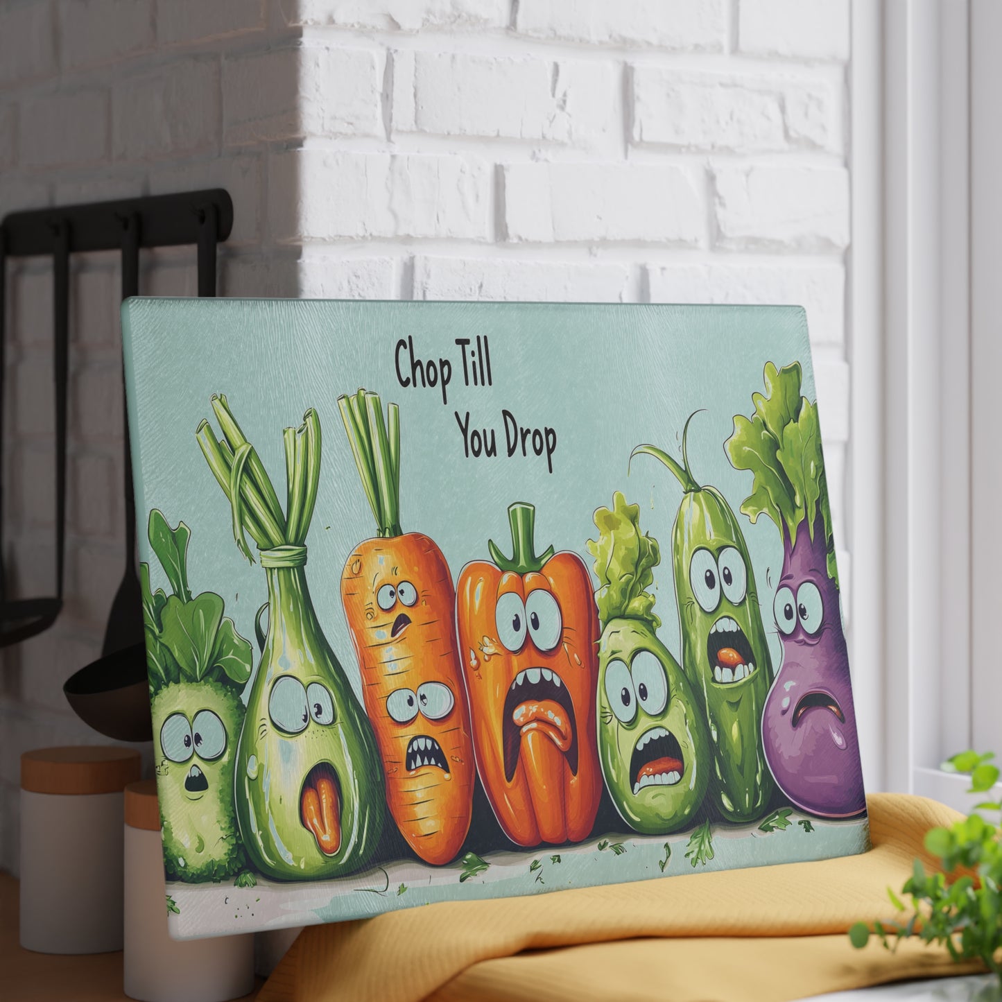 Funny Vegetable Glass Cutting Board - 'Chop Till You Drop' Design