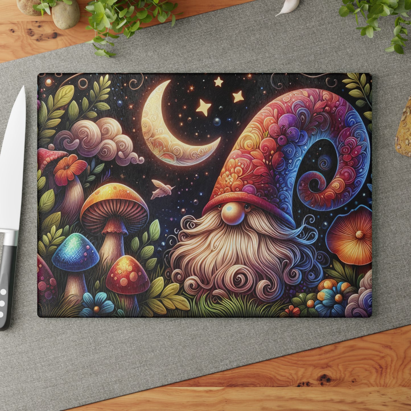 Whimsical Gnome Glass Cutting Board - Colorful Kitchen Decor