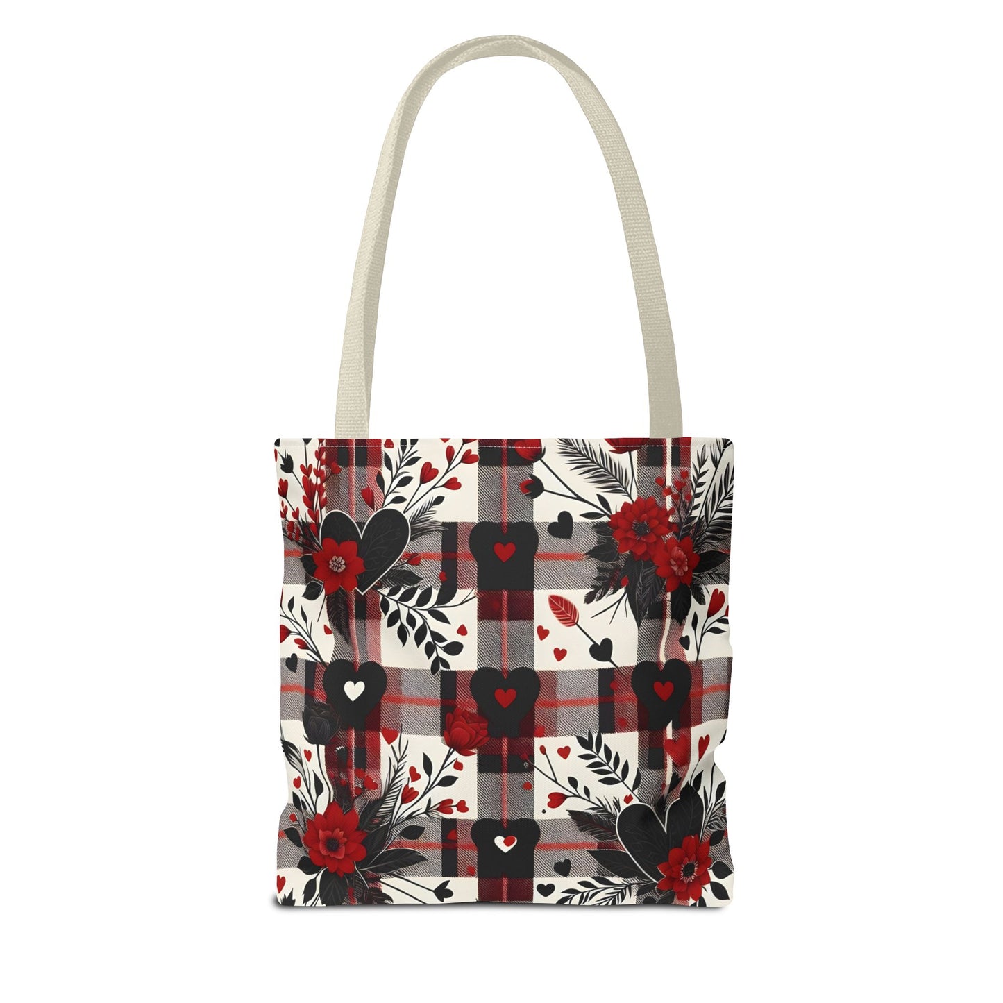 Fashionable Valentine Tote Bag (AOP) with Flowers and Hearts Plaid Design Pattern