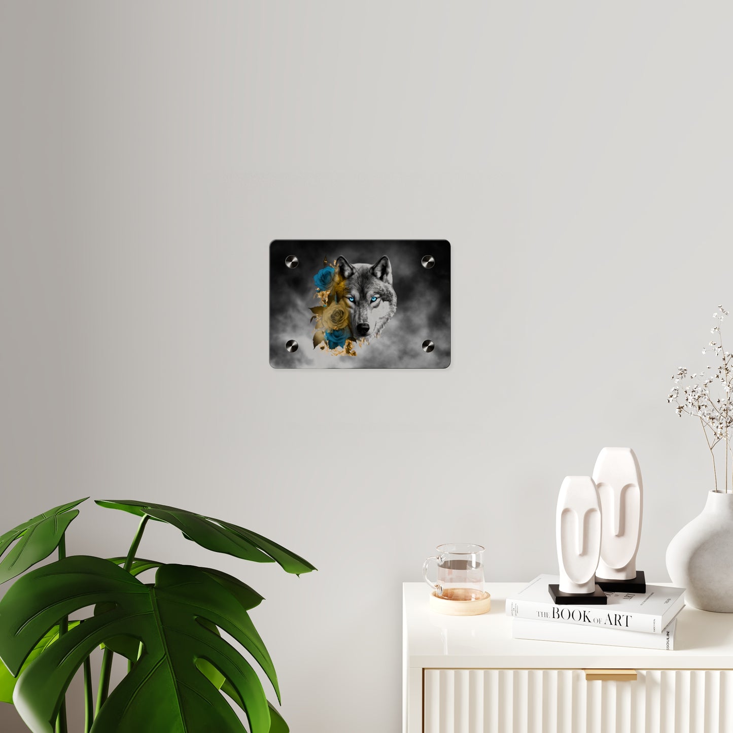 Lively Wolf Acrylic Wall Art Panel - Blue Roses Decor