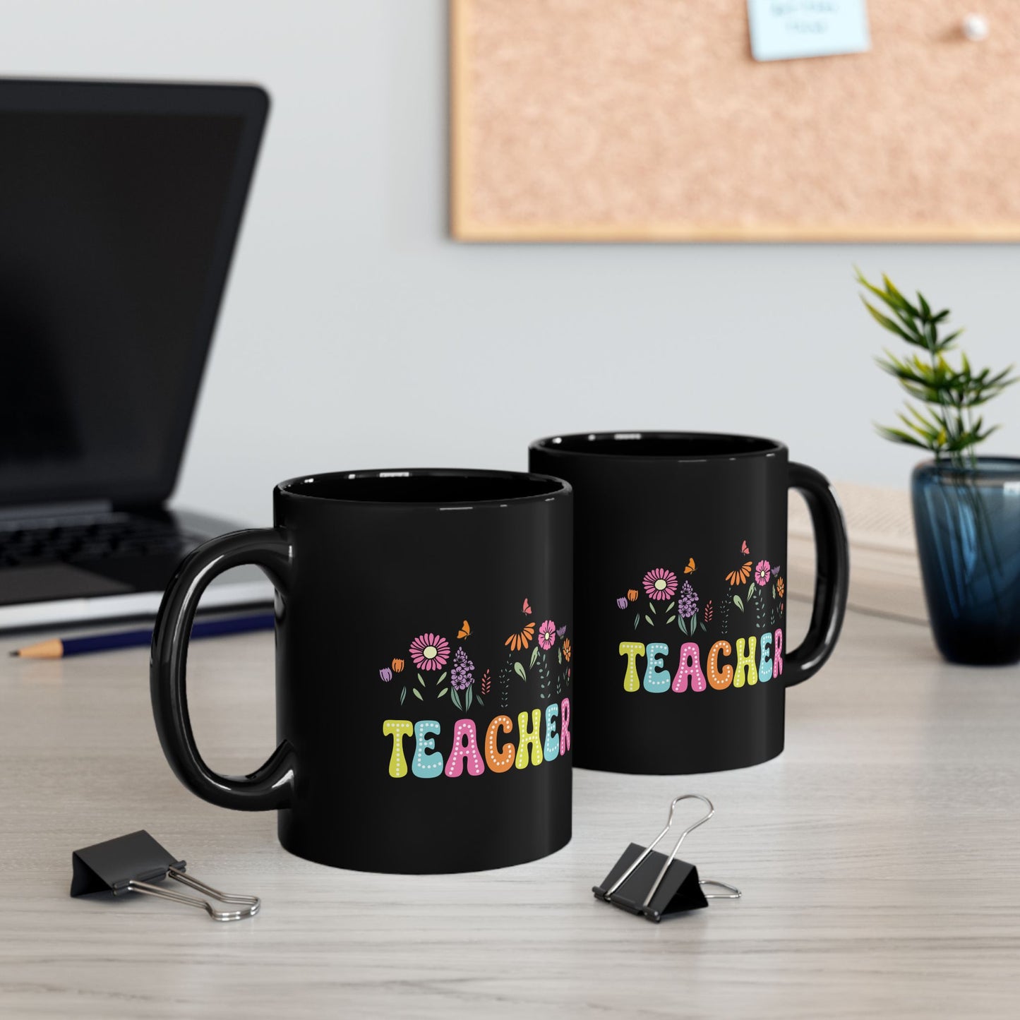 Education Theme Teacher with Floral Black Mug (11oz, 15oz) Great Gift for Teachers to Enjoy Their Coffee, Tea or Hot Chocolate, Gift Idea for Educators