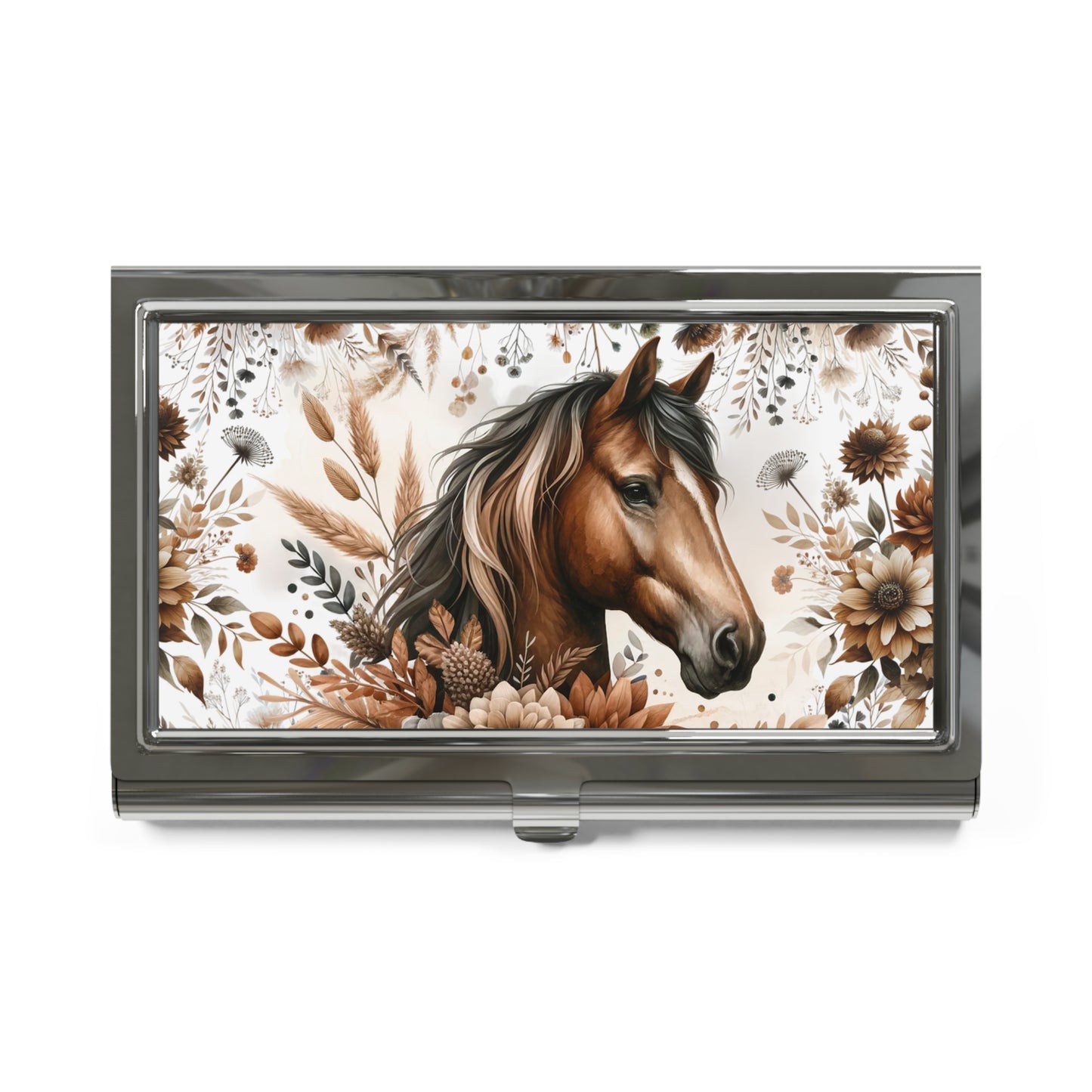 Horse Floral Business Card Holder — Rustic Brown Equestrian Metal Case