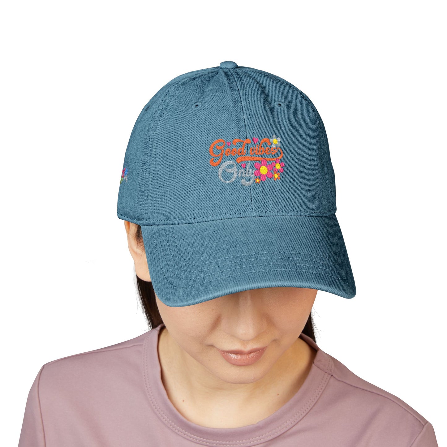 Embroidered Denim Hat - 'Good Vibes Only' Cap